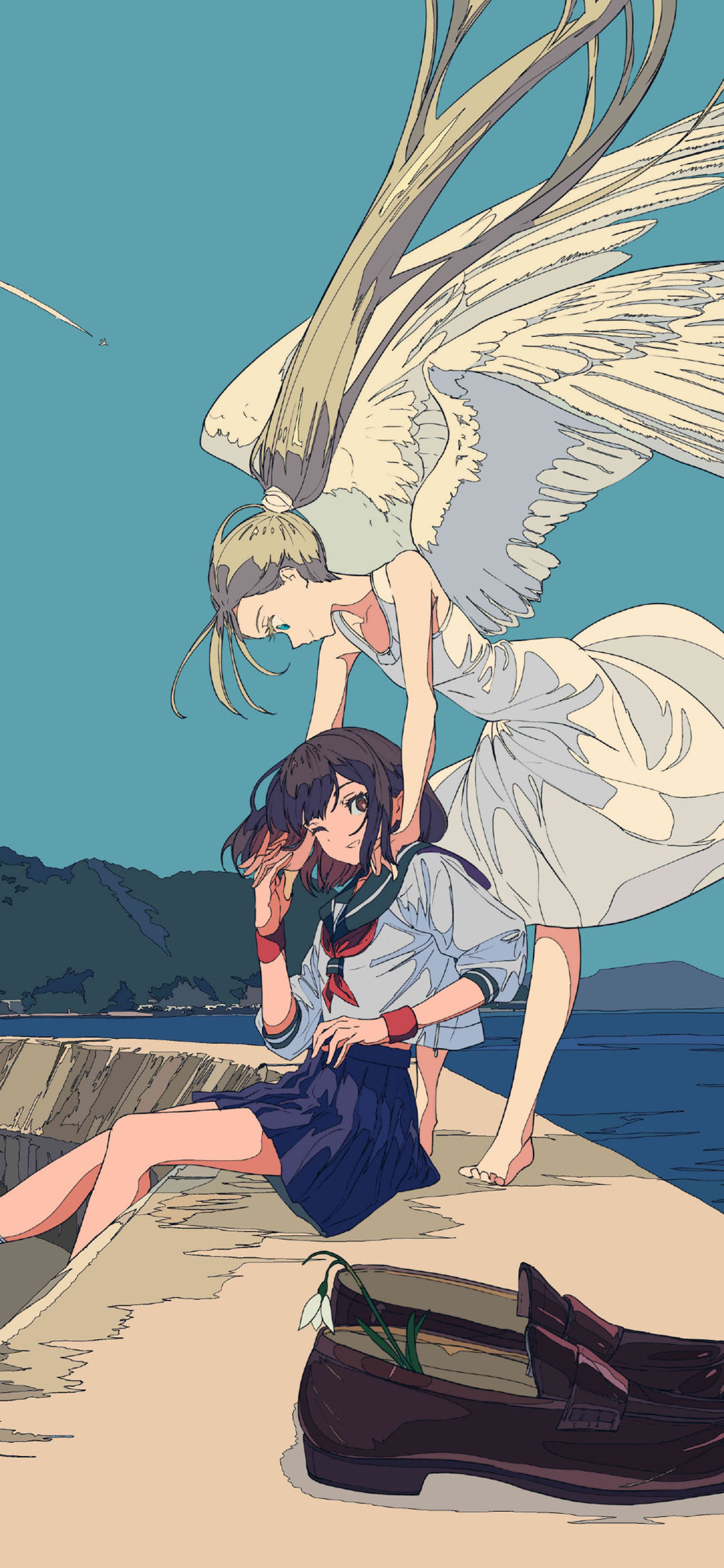 [2436×1125]动漫 少女 日系 翅膀 插画师 焦茶 苹果手机动漫壁纸图片