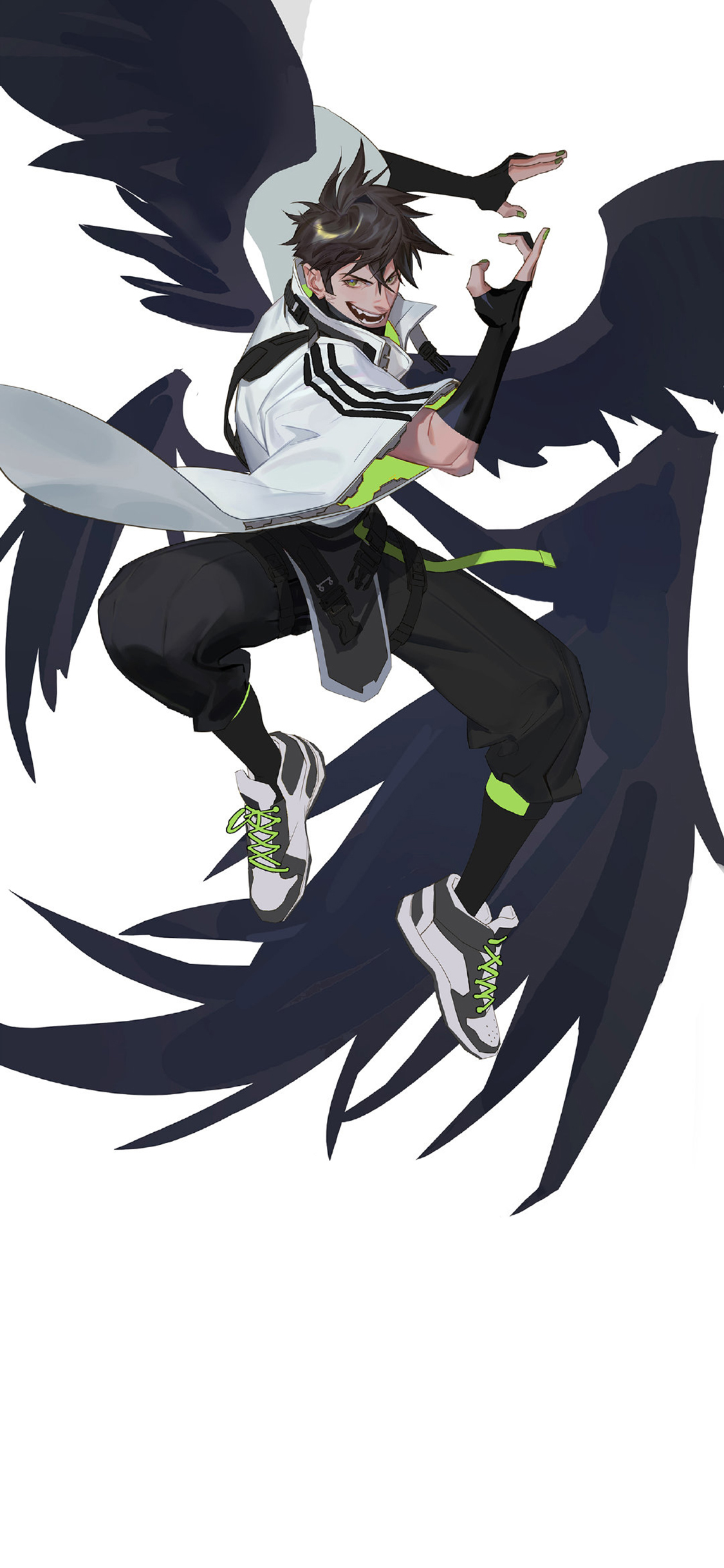 [2436×1125]动漫 少年 二次元 黑色翅膀 苹果手机动漫壁纸图片