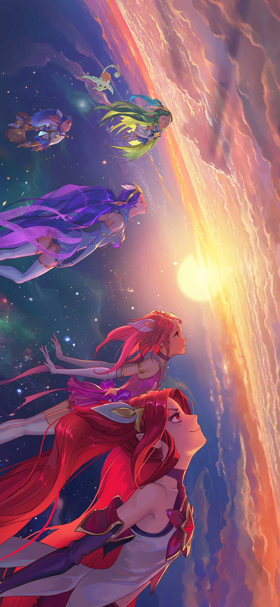 [2436×1125]动漫少女 天空 小精灵 梦幻场景 苹果手机动漫壁纸图片