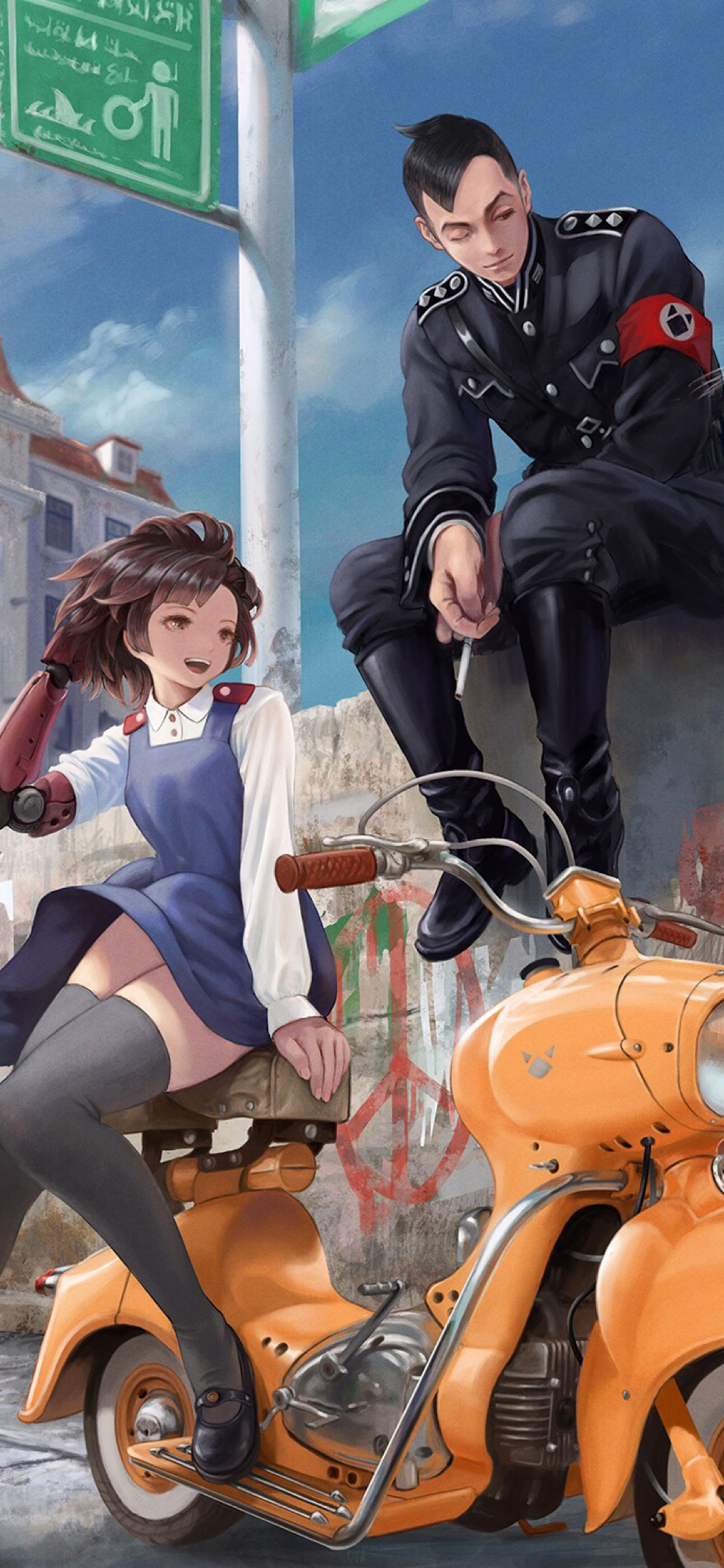 [2436×1125]动漫情侣 手绘 摩托 苹果手机动漫壁纸图片