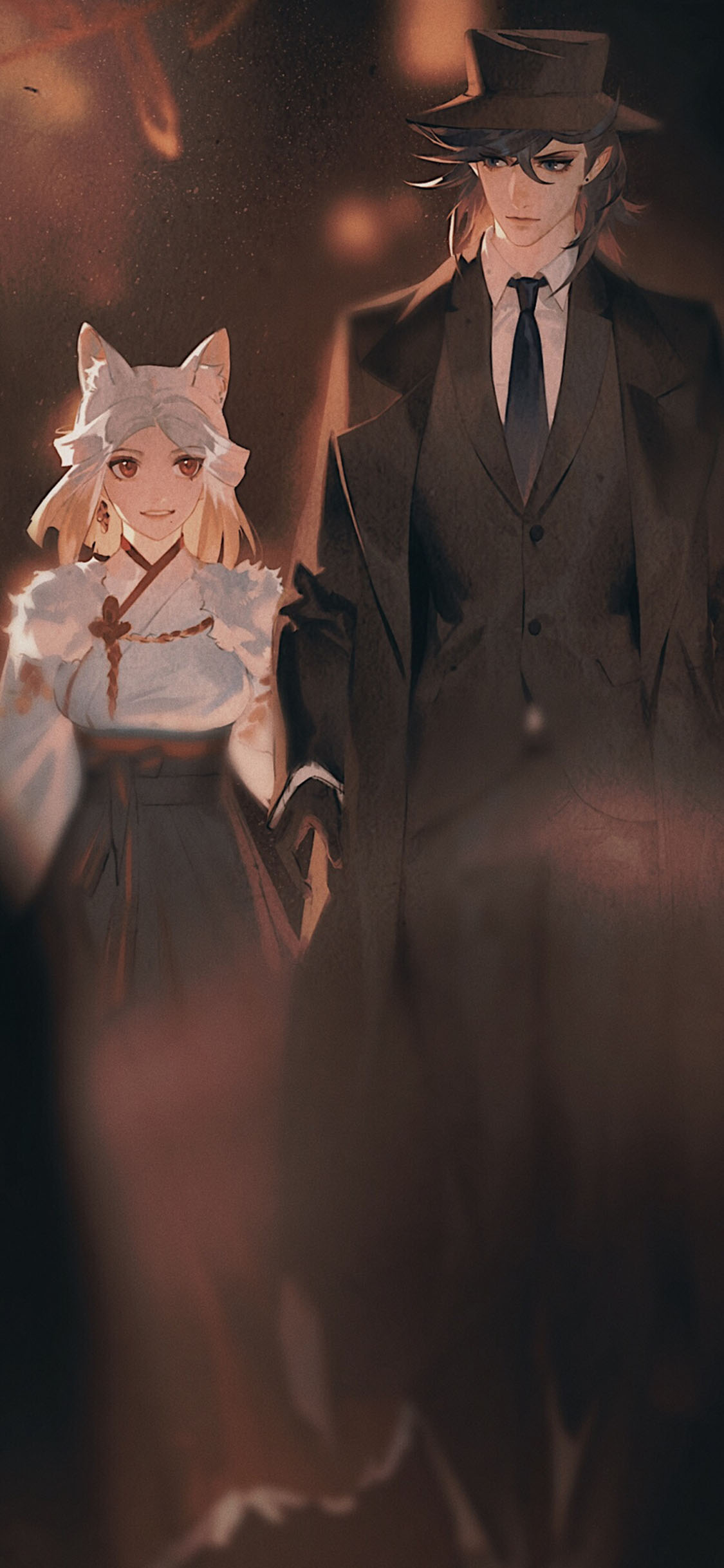 [2436×1125]动漫插图 二次元 少男少女 狐耳 苹果手机动漫壁纸图片