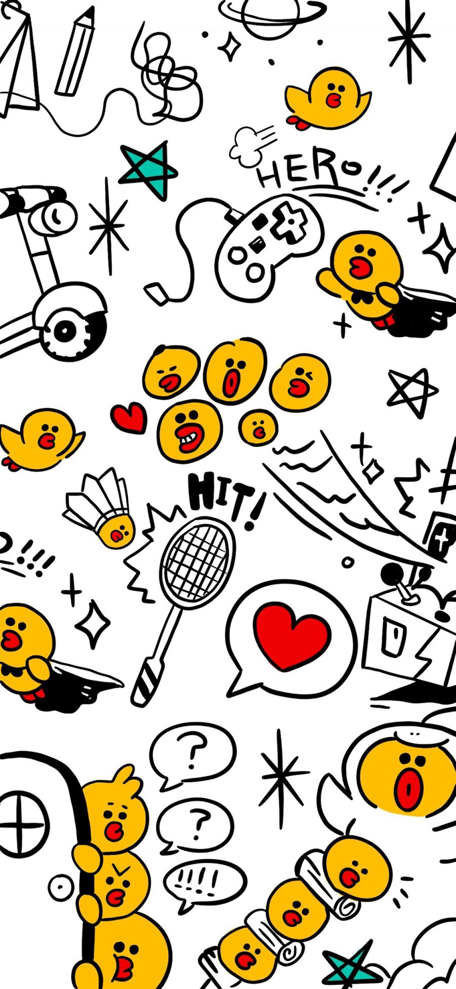 [2436×1125]动画 小黄鸭 平铺 羽毛球 苹果手机动漫壁纸图片