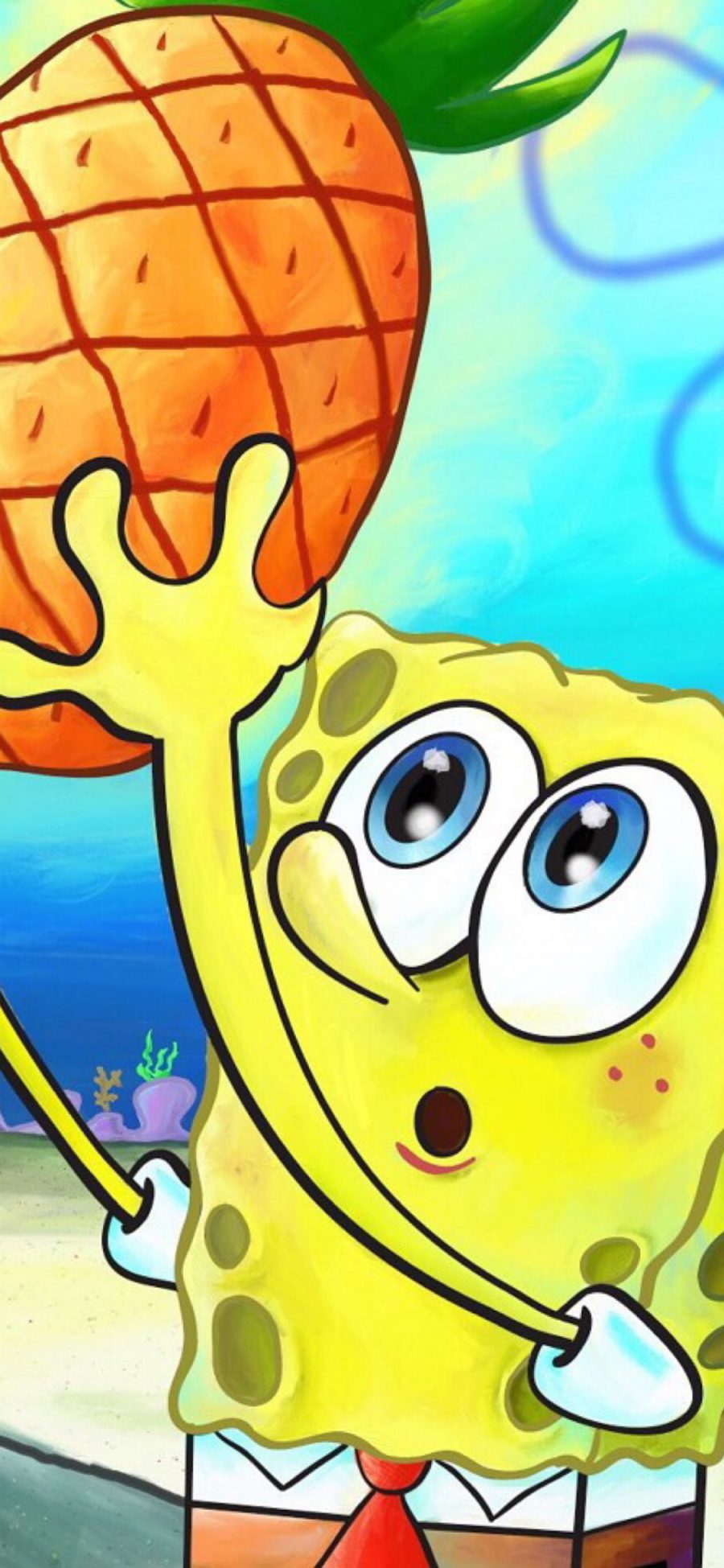 [2436×1125]动画片 海绵宝宝 派大星 菠萝 苹果手机动漫壁纸图片
