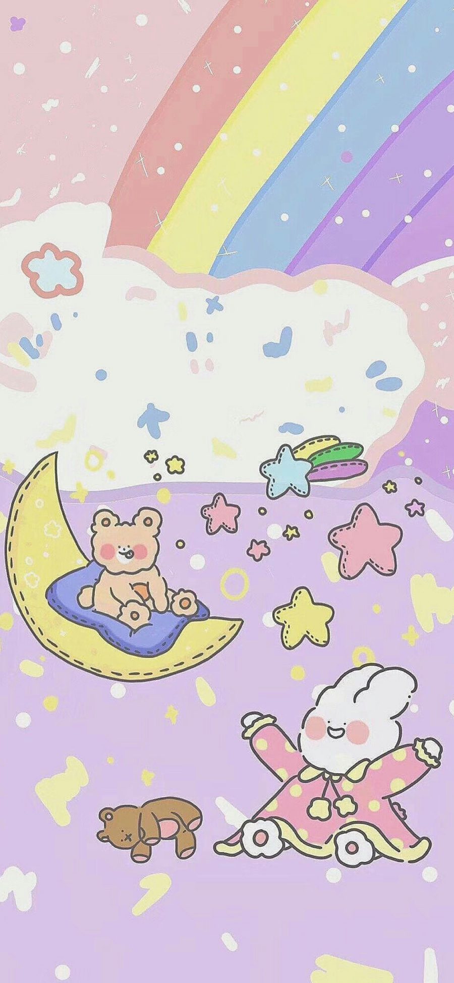 [2436×1125]卡通 兔子 小熊 彩虹 星星 苹果手机动漫壁纸图片