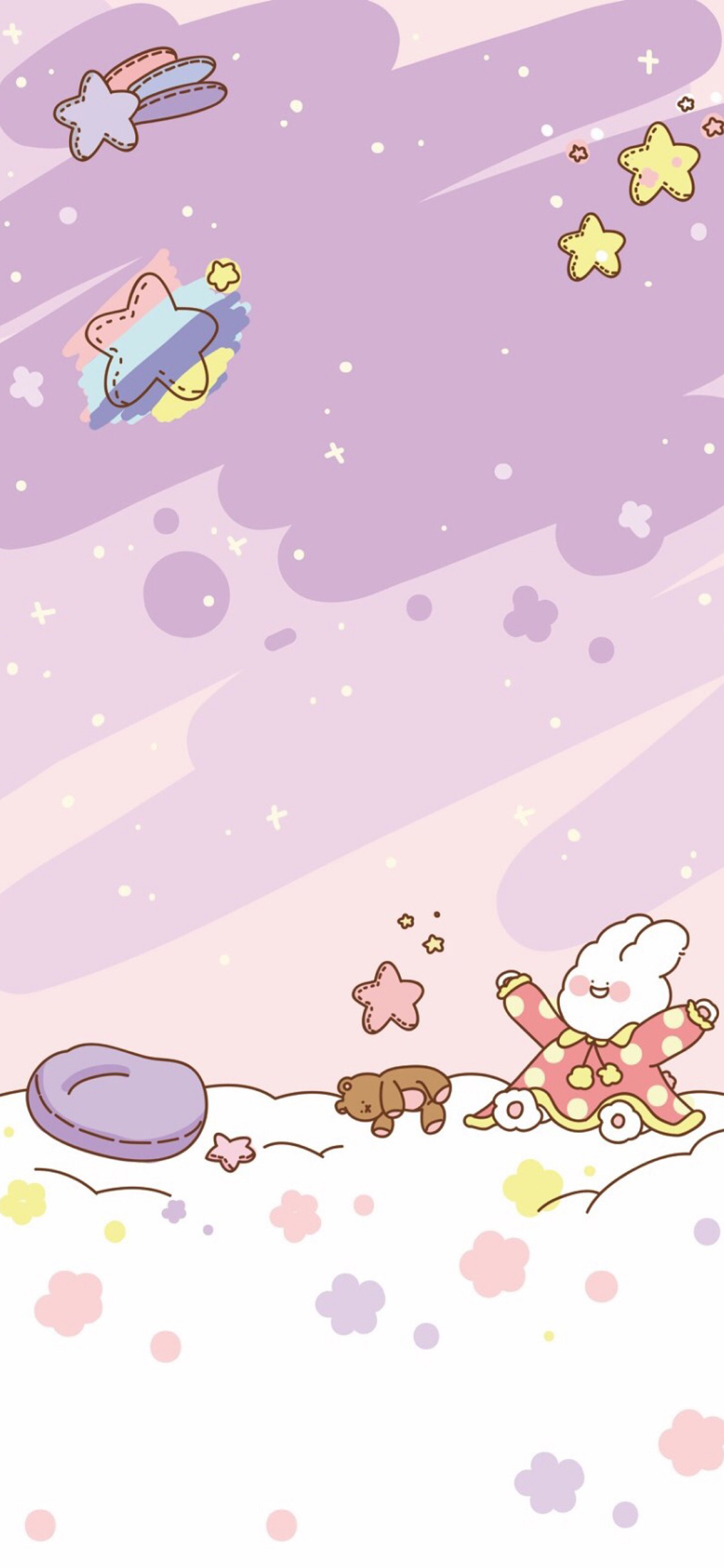 [2436×1125]卡通 兔子 小熊 星星 苹果手机动漫壁纸图片