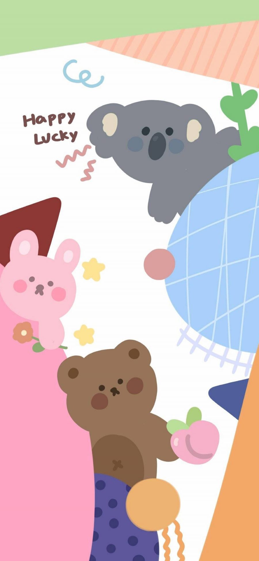 [2436×1125]卡通 兔子 小熊 考拉 happy lucky 苹果手机动漫壁纸图片