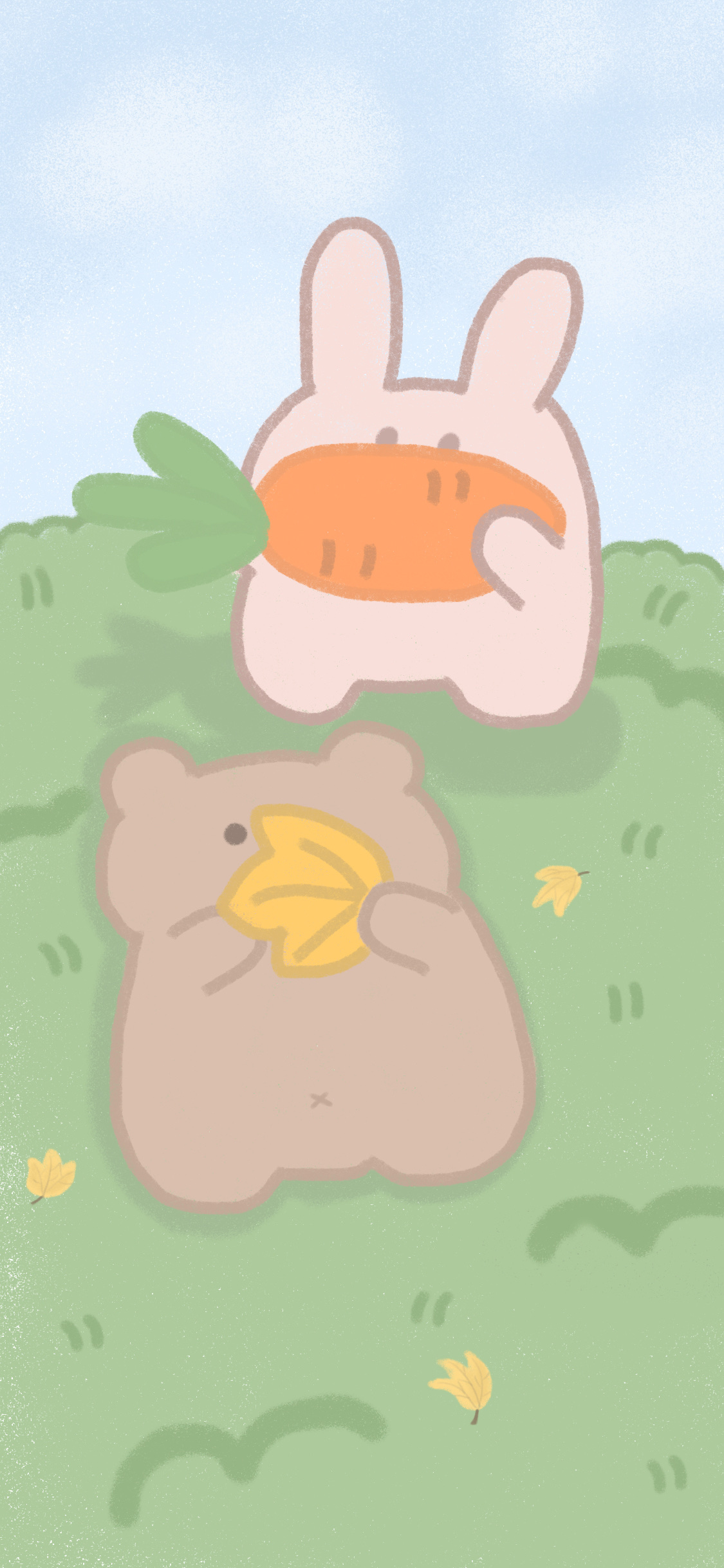 [2436×1125]卡通 兔子 小熊 草地 苹果手机动漫壁纸图片