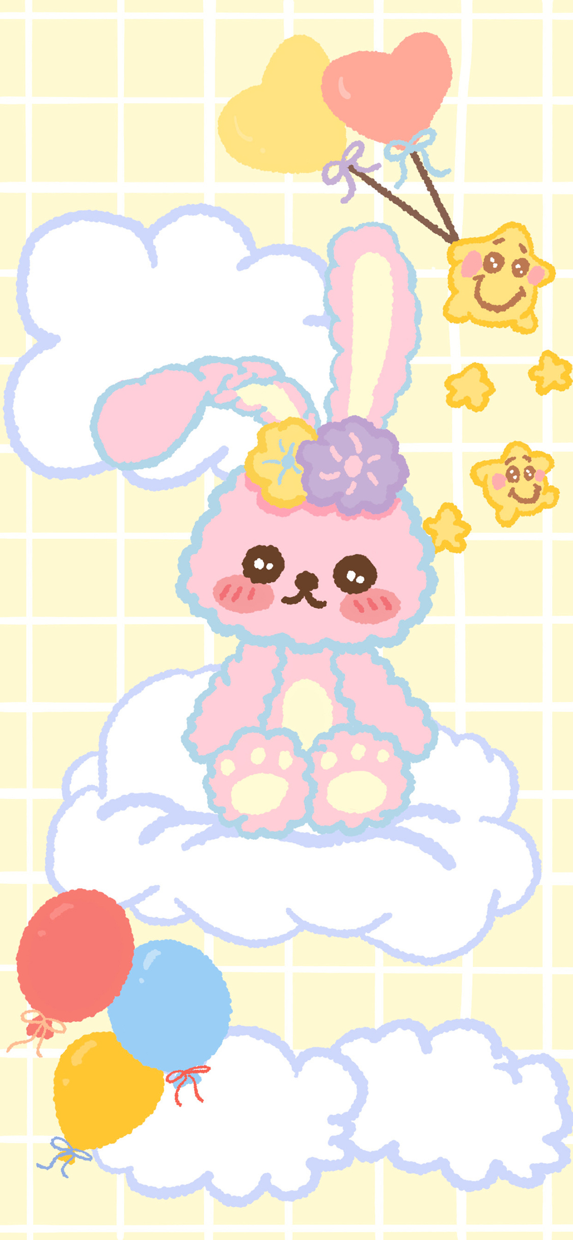 [2436×1125]卡通 兔子 气球 星星 苹果手机动漫壁纸图片