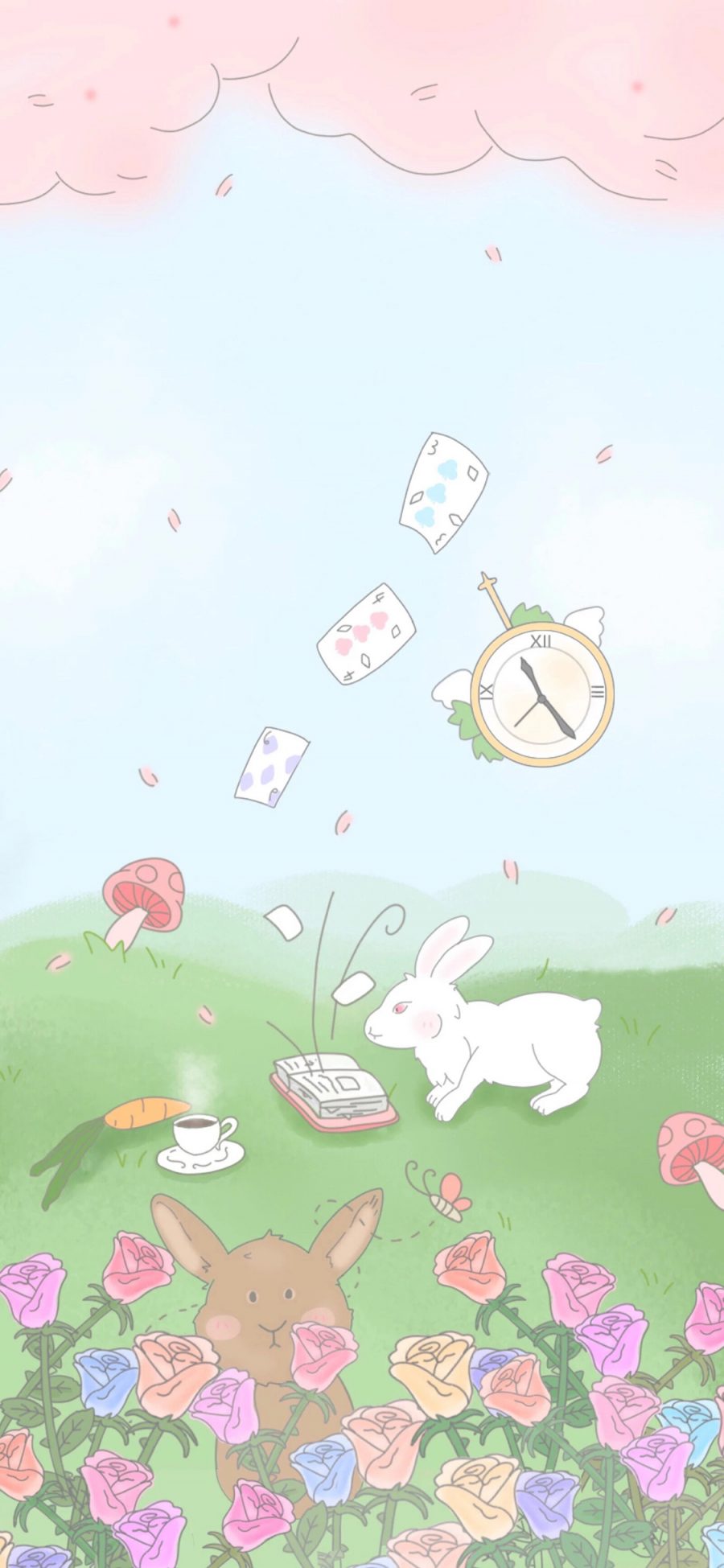 [2436×1125]卡通 兔子 花 童话场景 苹果手机动漫壁纸图片