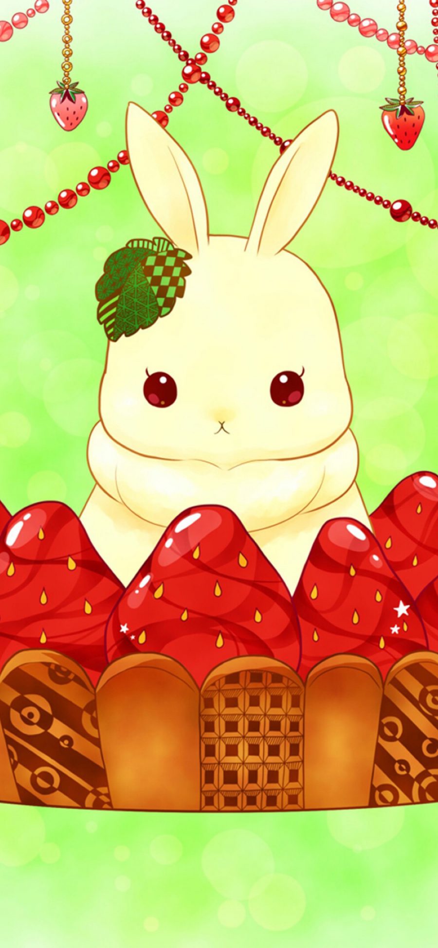 [2436×1125]卡通 兔子 草莓 插图 苹果手机动漫壁纸图片