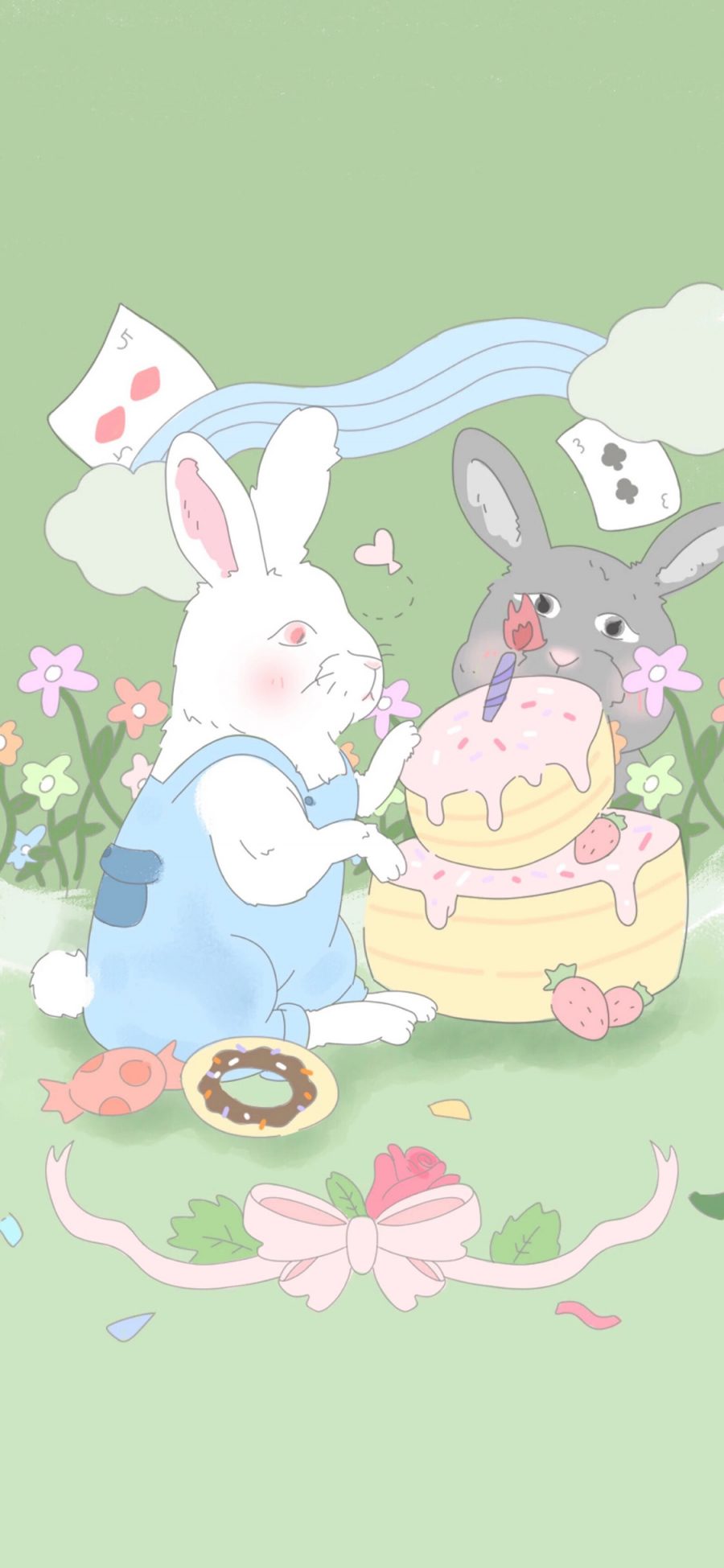 [2436×1125]卡通 兔子 蛋糕 蝴蝶结 苹果手机动漫壁纸图片