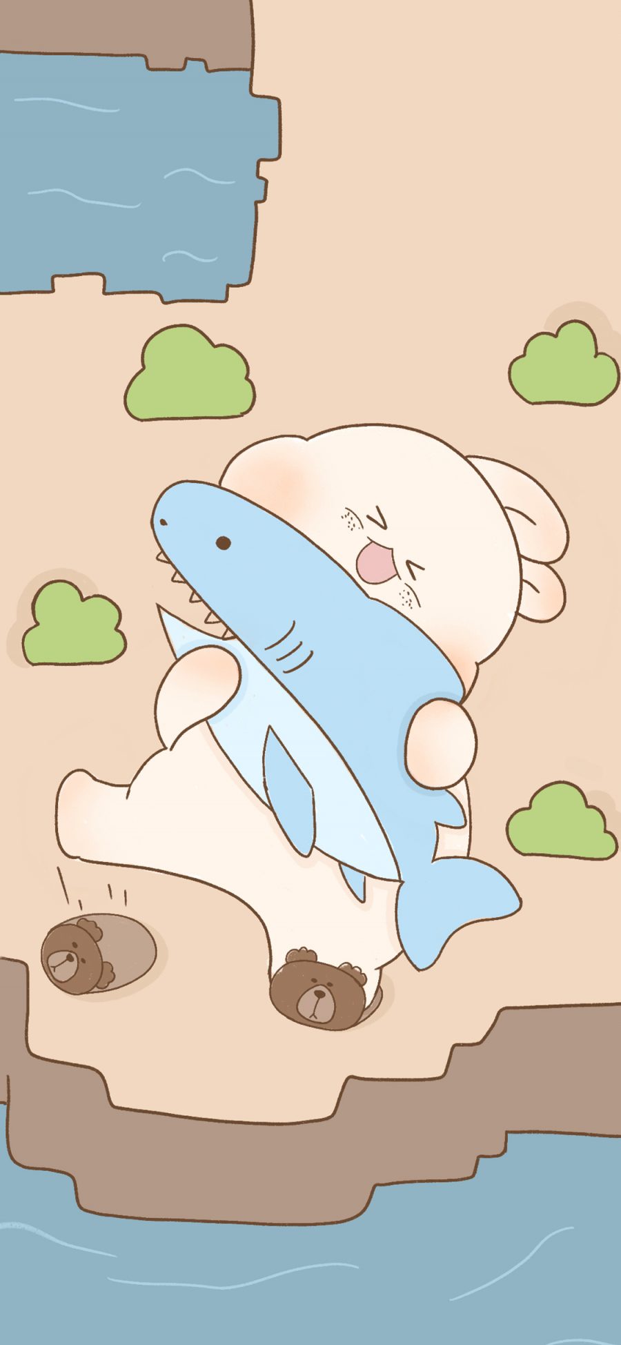 [2436×1125]卡通 兔子 鲨鱼 可爱（取自微博：寄喜饼给你喔） 苹果手机动漫壁纸图片