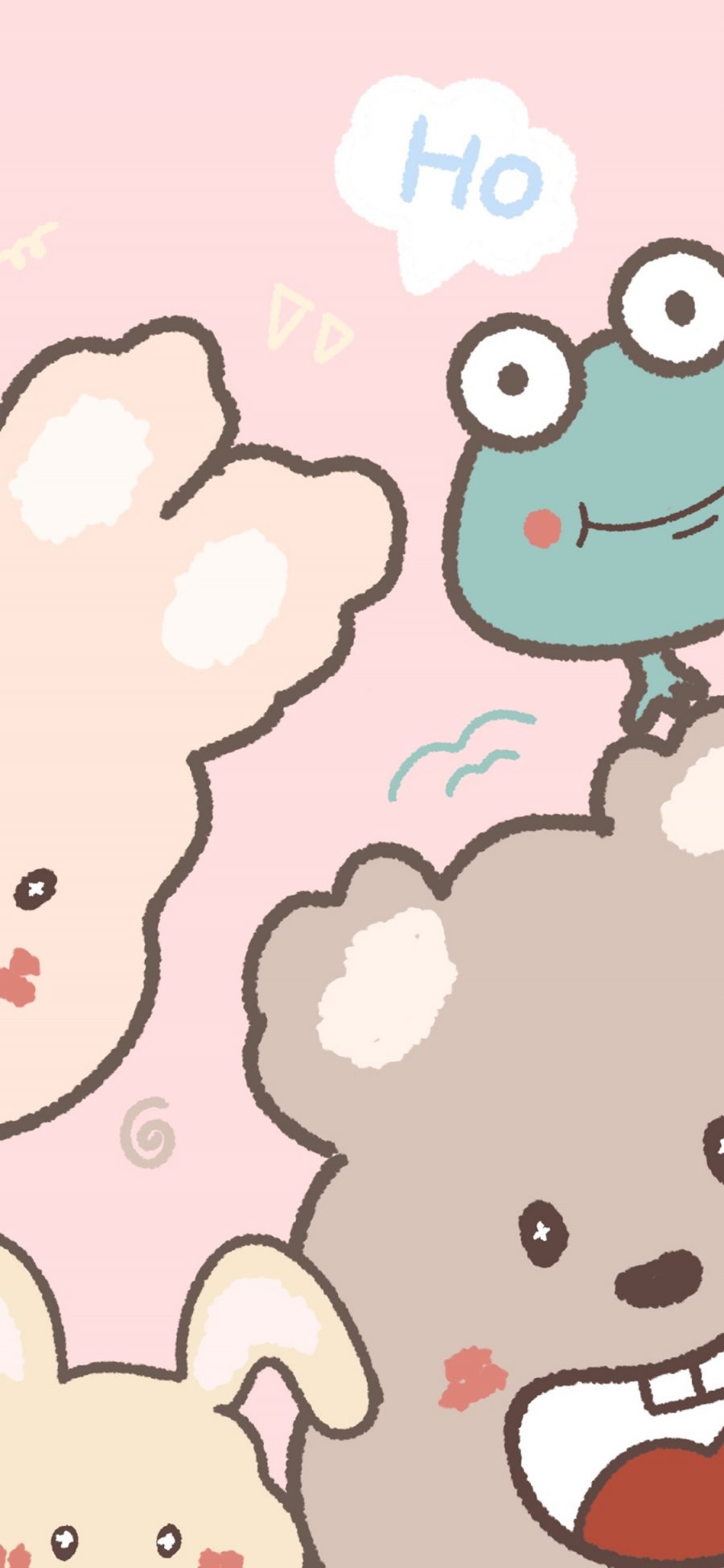 [2436×1125]卡通 动物 小熊 兔子 青蛙（取自微博：一番甜粥） 苹果手机动漫壁纸图片