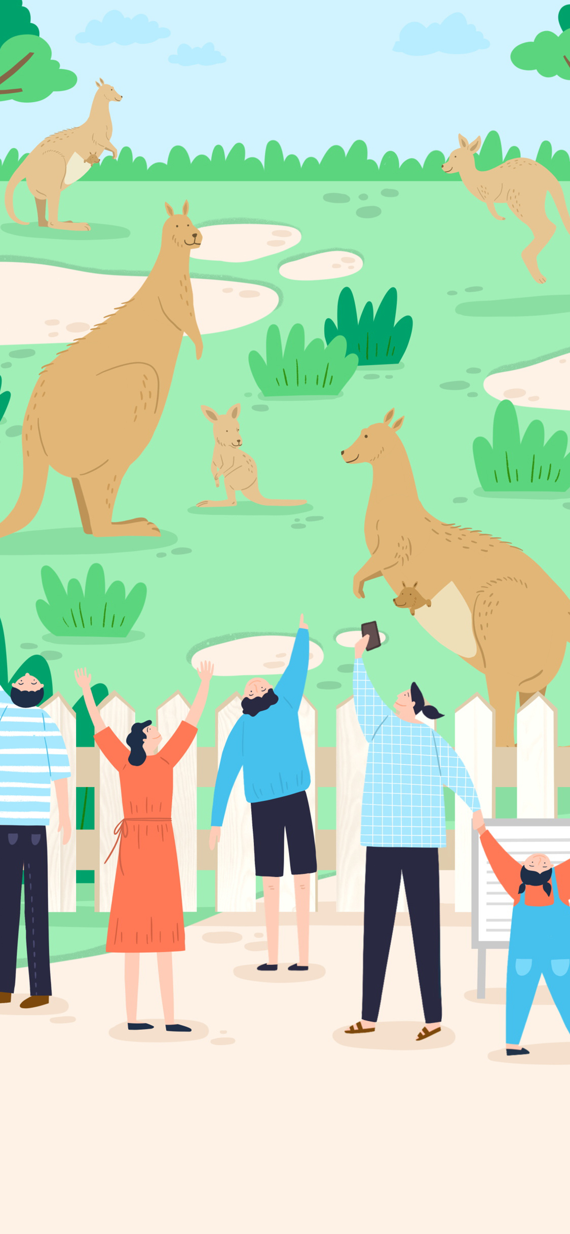 [2436×1125]卡通 动物园 袋鼠 围观 苹果手机动漫壁纸图片