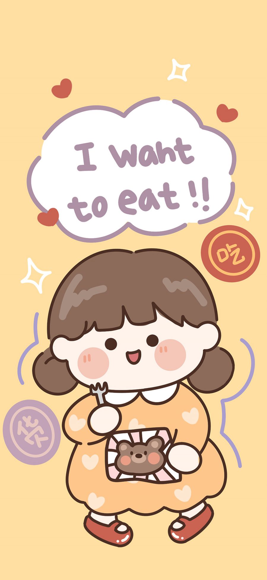 [2436×1125]卡通 女孩 want to eat 吃货 苹果手机动漫壁纸图片