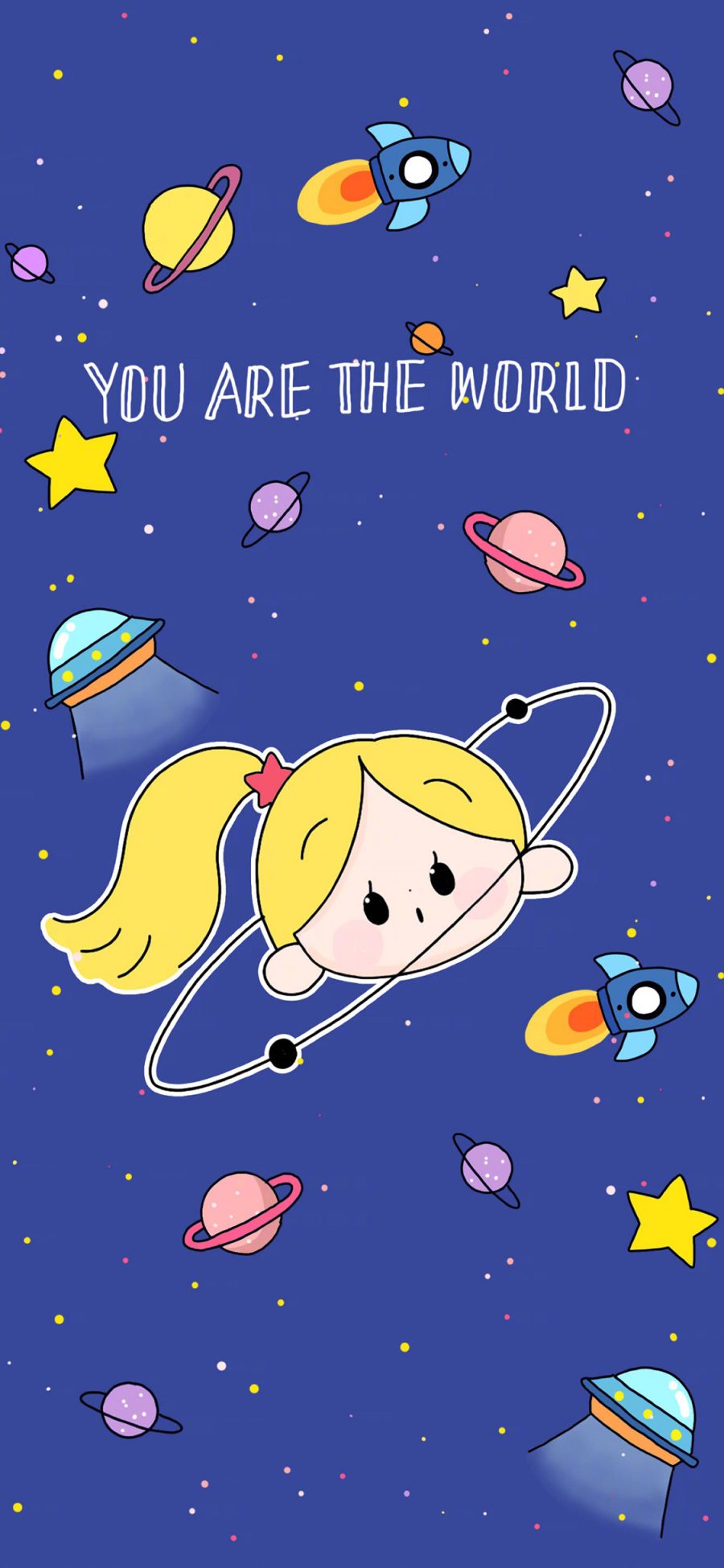 [2436×1125]卡通 女孩 宇宙 行星 YOU ARE THE WORLD 苹果手机动漫壁纸图片