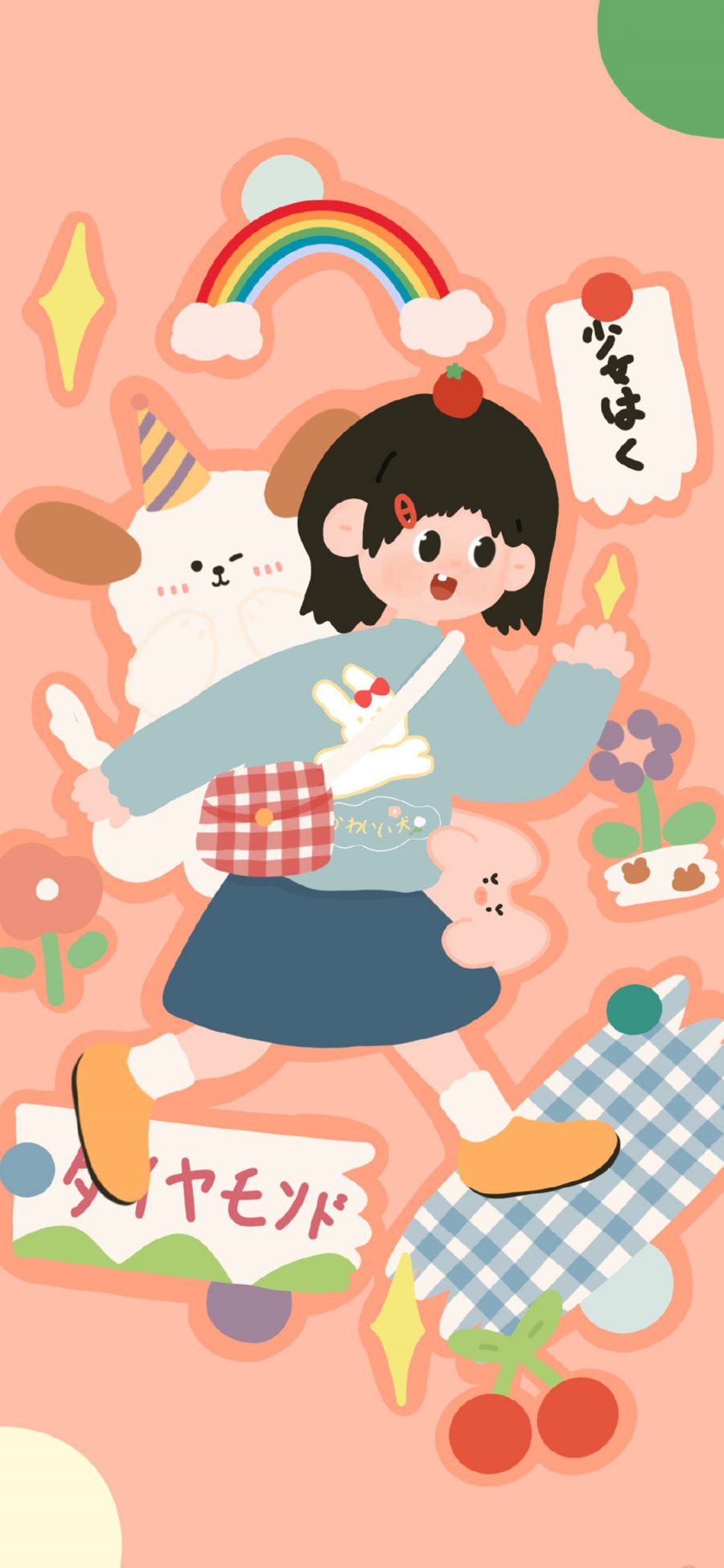 [2436×1125]卡通 女孩 彩虹 滑板（取自微博：请你吃番茄呀） 苹果手机动漫壁纸图片