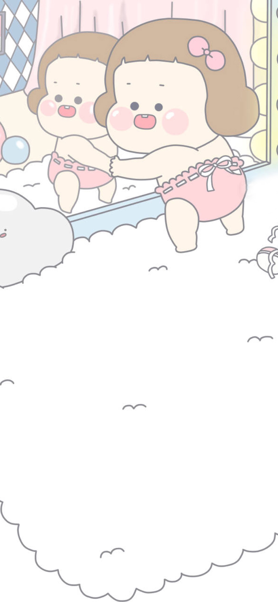 [2436×1125]卡通 女孩 插图 照镜子 苹果手机动漫壁纸图片