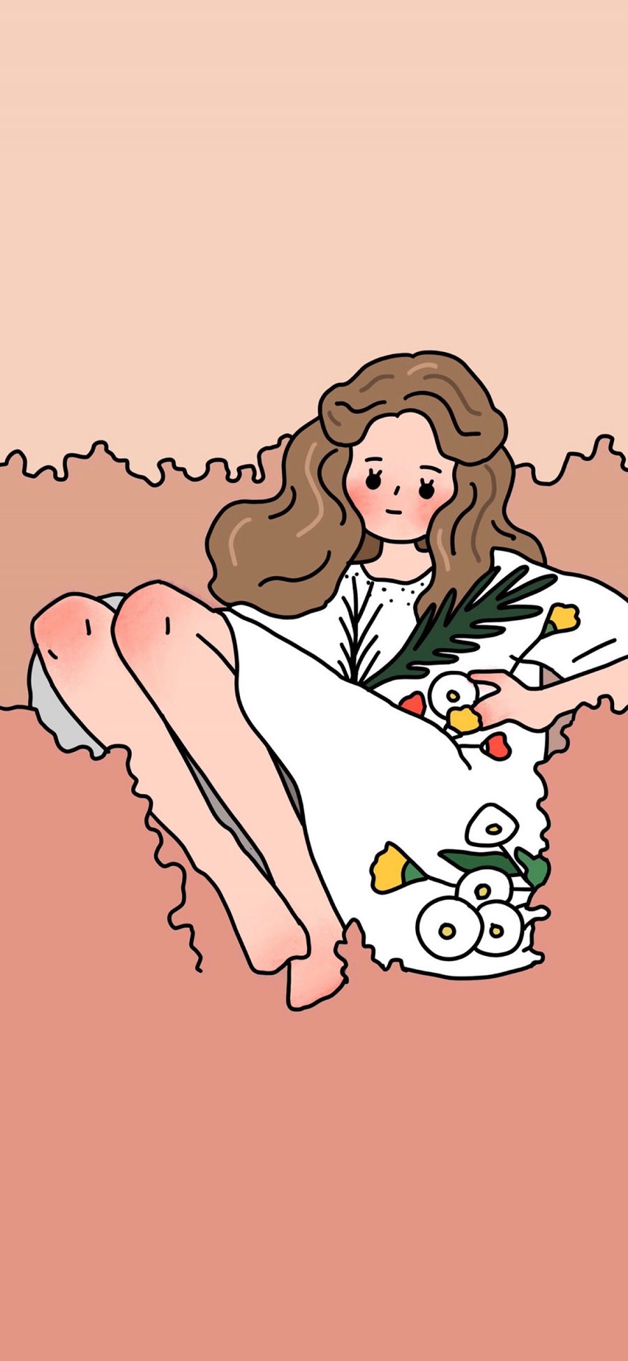 [2436×1125]卡通 女孩 插图 鲜花 韩国插画师 苹果手机动漫壁纸图片