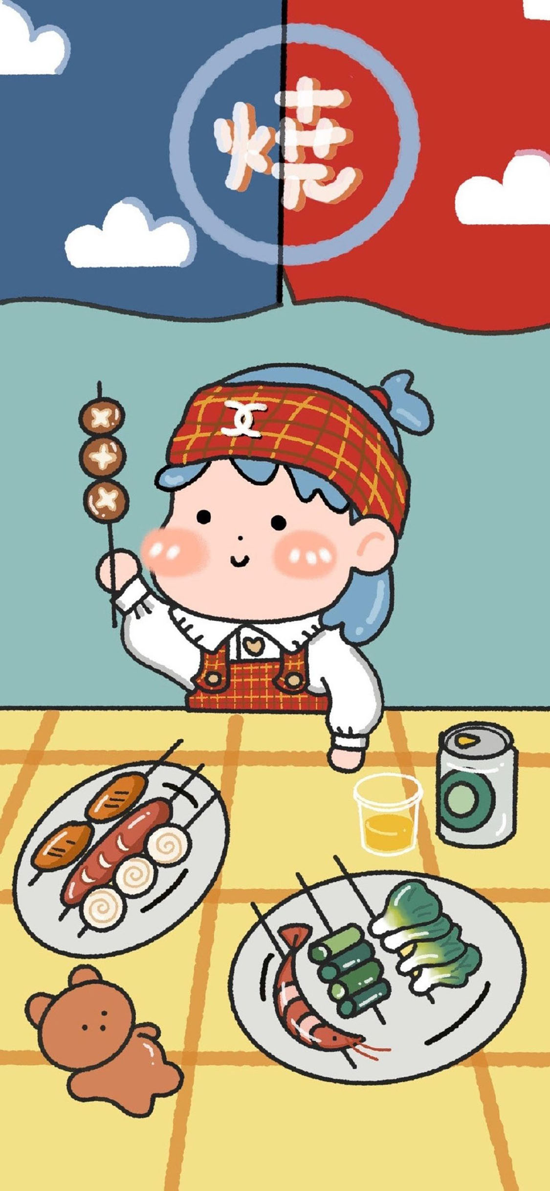 [2436×1125]卡通 女孩 日式 烧烤 苹果手机动漫壁纸图片