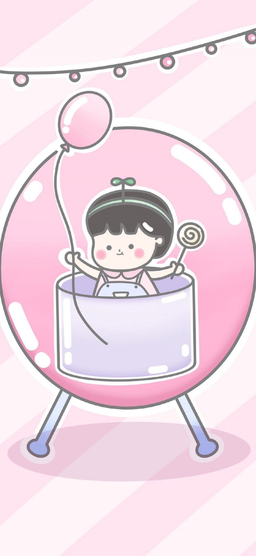 [2436×1125]卡通 女孩 气球 粉色少女心 苹果手机动漫壁纸图片