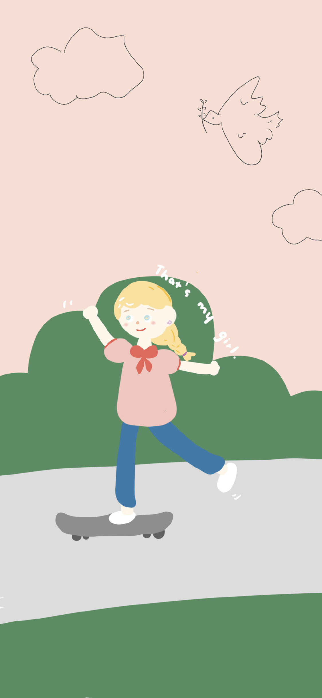 [2436×1125]卡通 女孩 滑板 my girl 苹果手机动漫壁纸图片