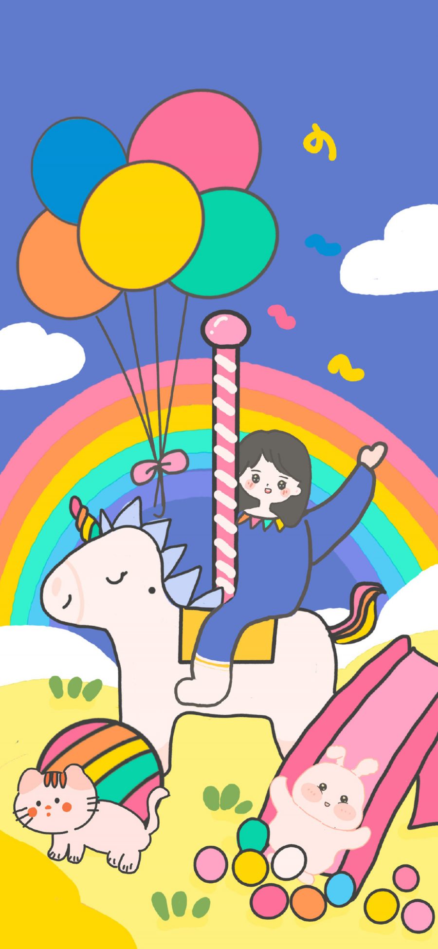 [2436×1125]卡通 女孩 独角兽 彩虹 气球（取自微博：李李哈） 苹果手机动漫壁纸图片
