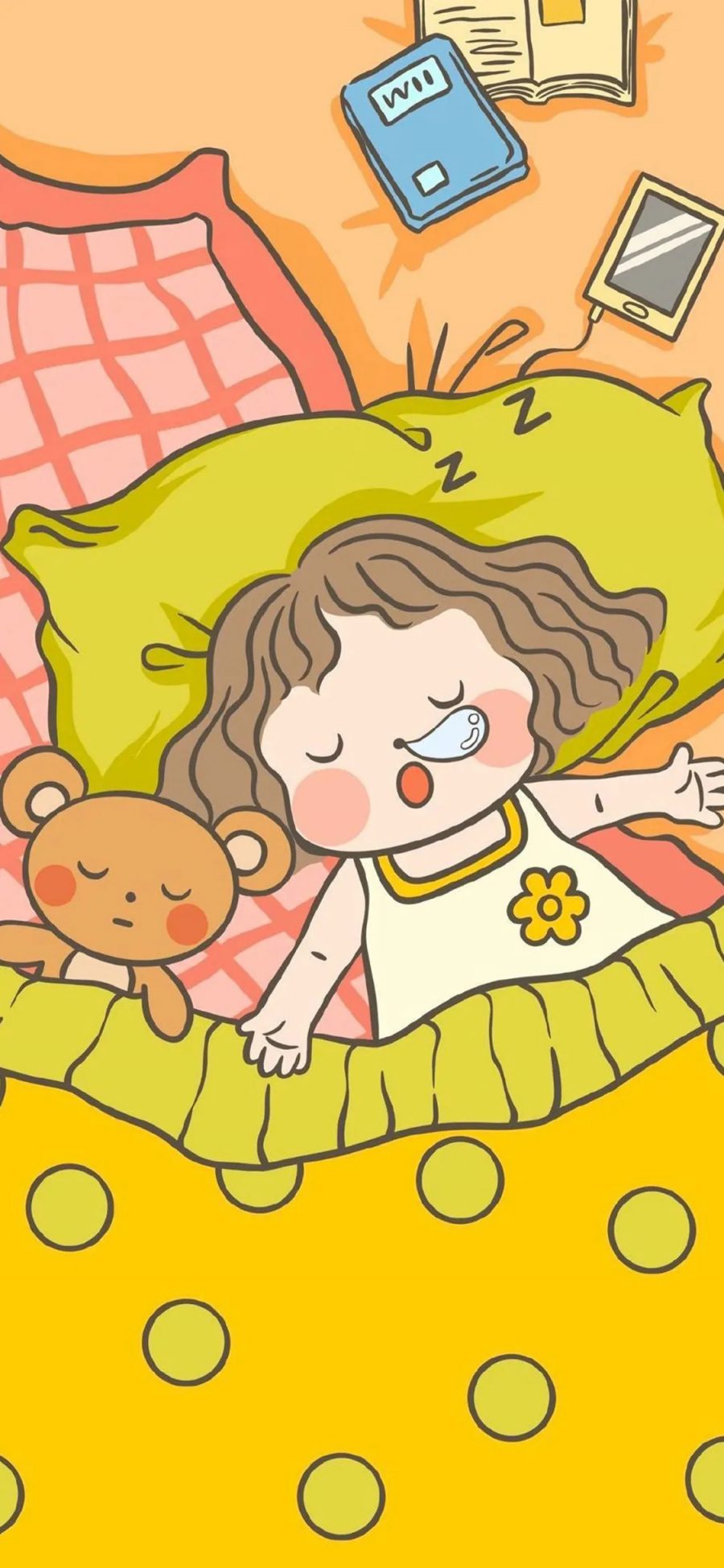 [2436×1125]卡通 女孩 睡觉 小熊 可爱 苹果手机动漫壁纸图片