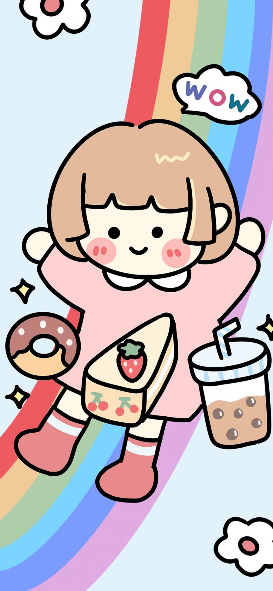 [2436×1125]卡通 女孩 短发 彩虹 奶茶 苹果手机动漫壁纸图片