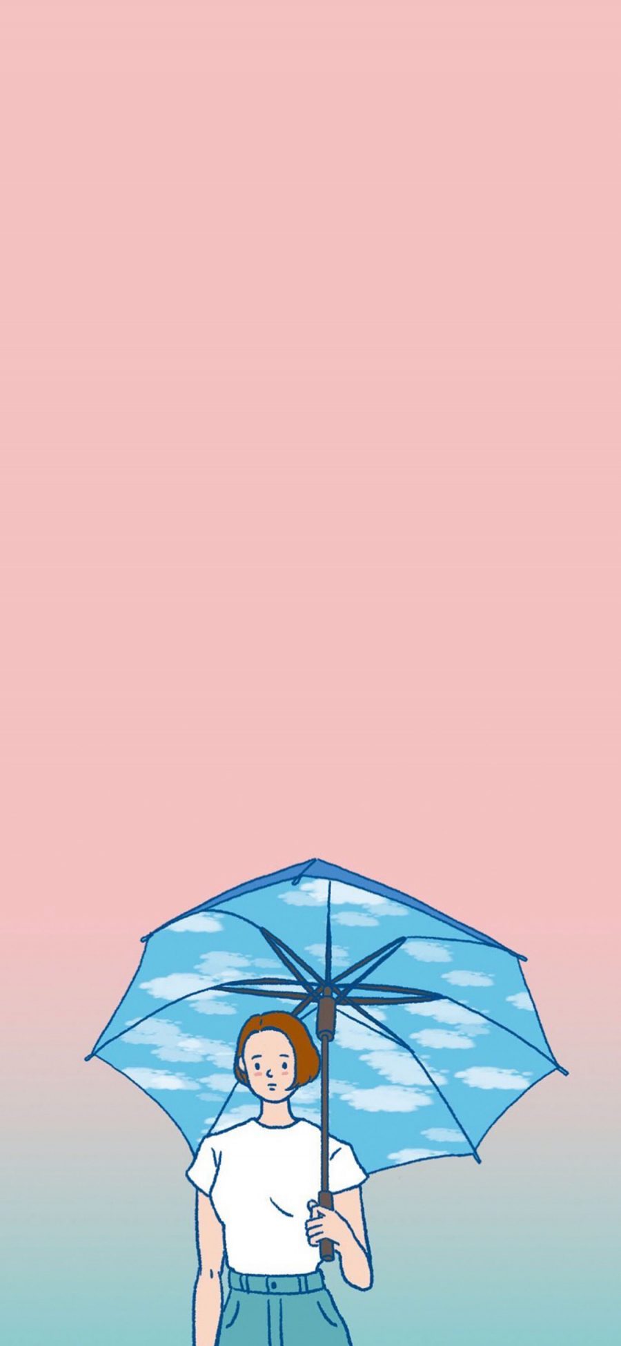 [2436×1125]卡通 女孩 粉色渐变 撑伞 苹果手机动漫壁纸图片