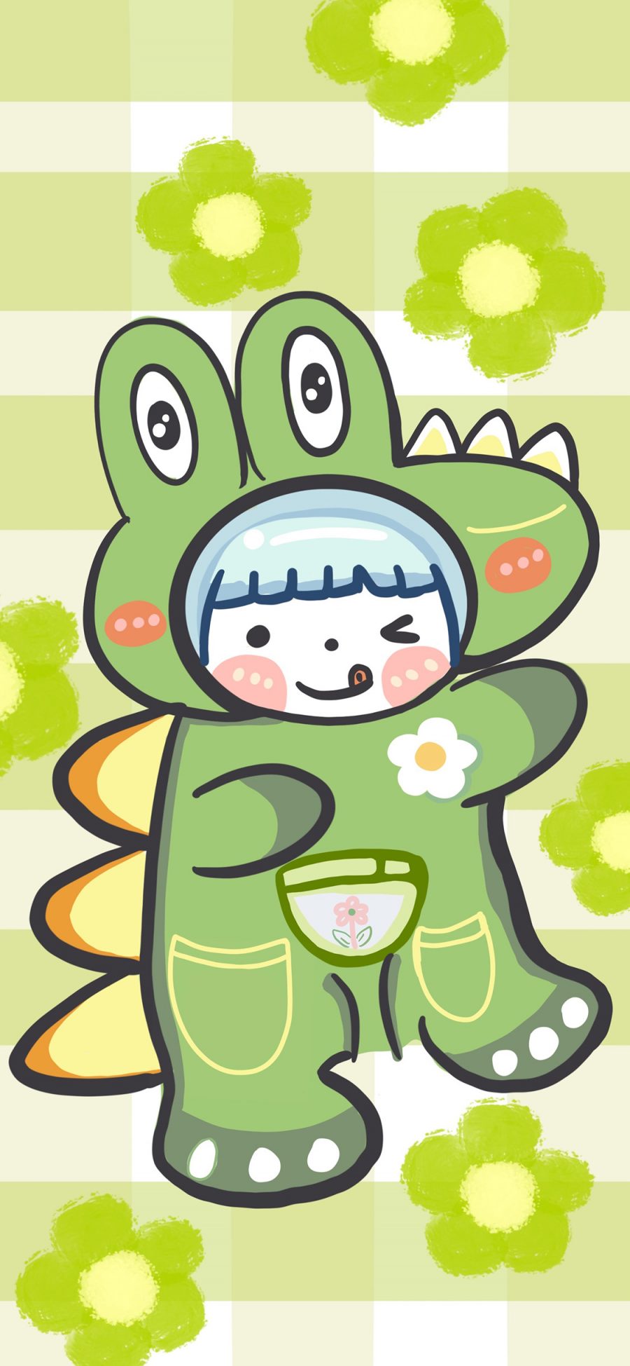 [2436×1125]卡通 女孩 鳄鱼套装 绿色 苹果手机动漫壁纸图片