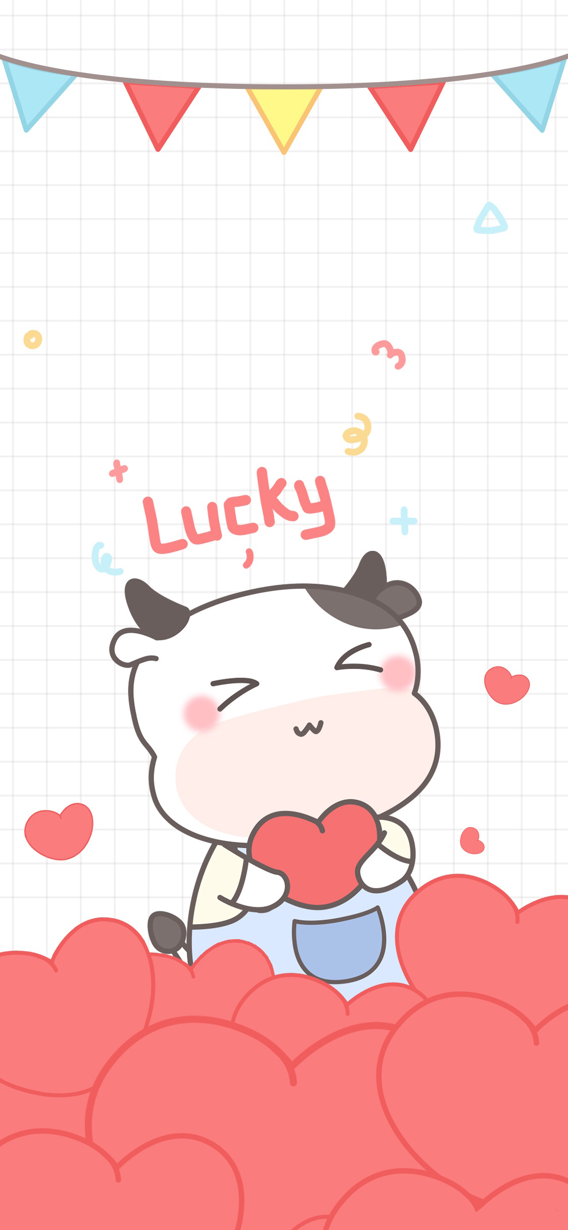 [2436×1125]卡通 奶牛 lucky 爱心 苹果手机动漫壁纸图片