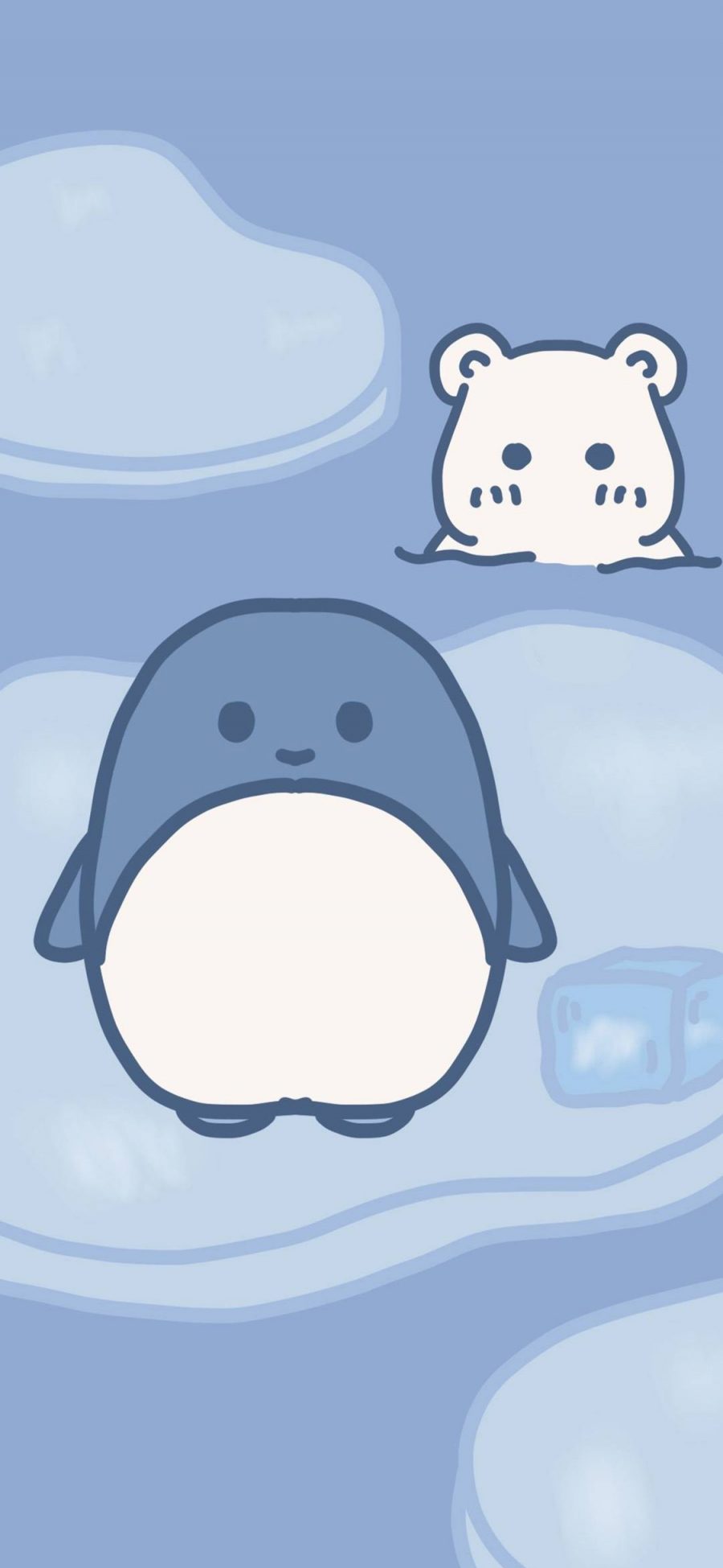 [2436×1125]卡通 小企鹅 老鼠 冰块 蓝色 苹果手机动漫壁纸图片