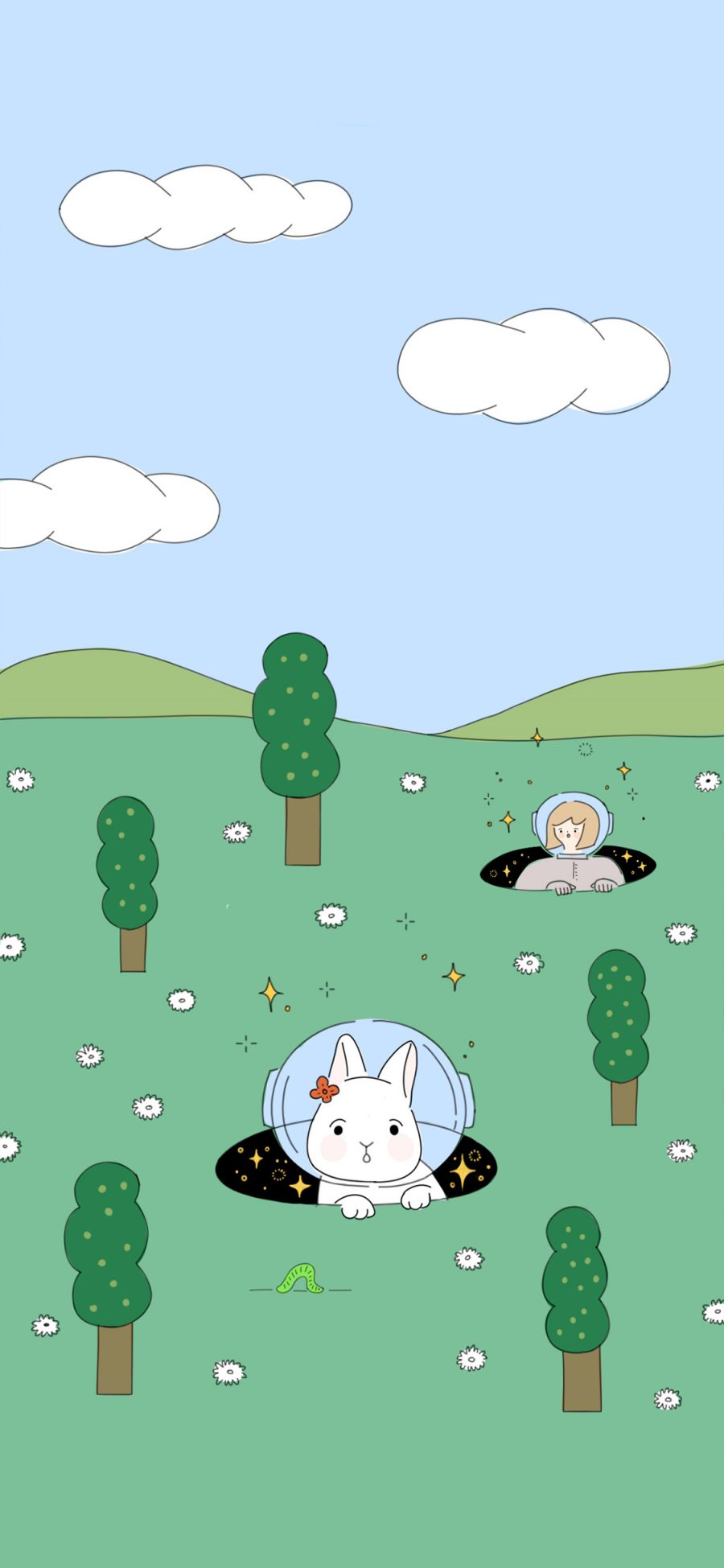[2436×1125]卡通 小兔子 女孩 星星 苹果手机动漫壁纸图片
