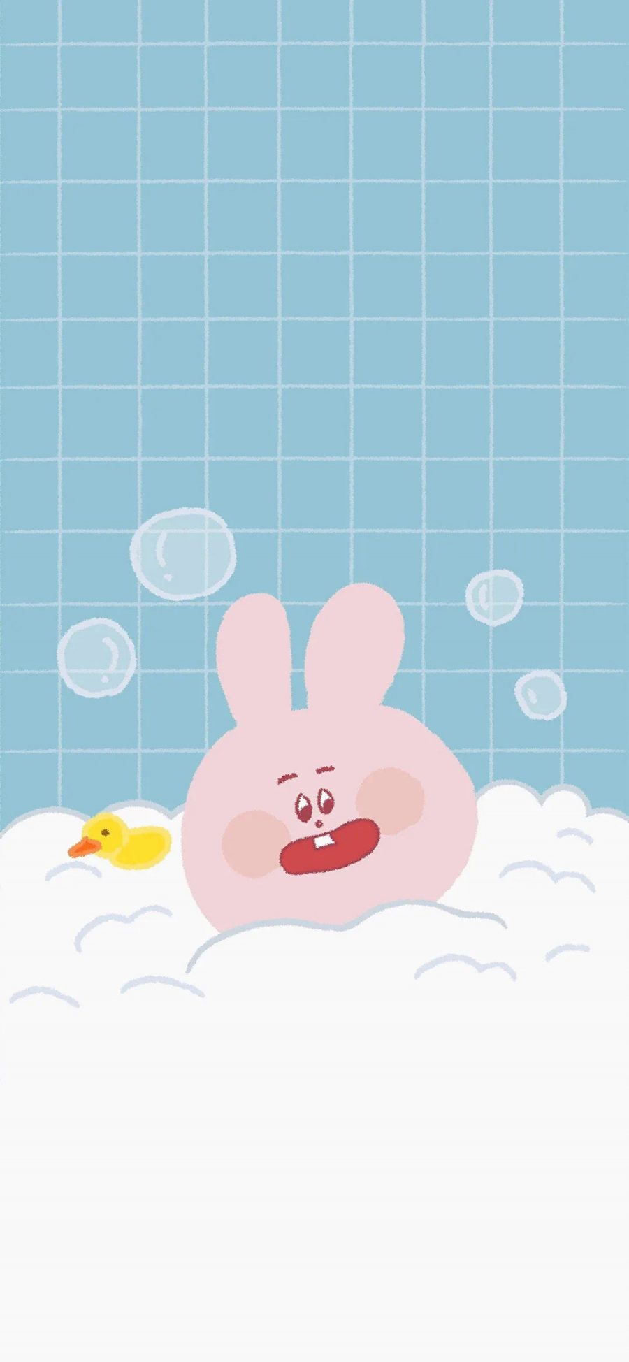 [2436×1125]卡通 小兔子 小黄鸭 沐浴 泡泡 苹果手机动漫壁纸图片