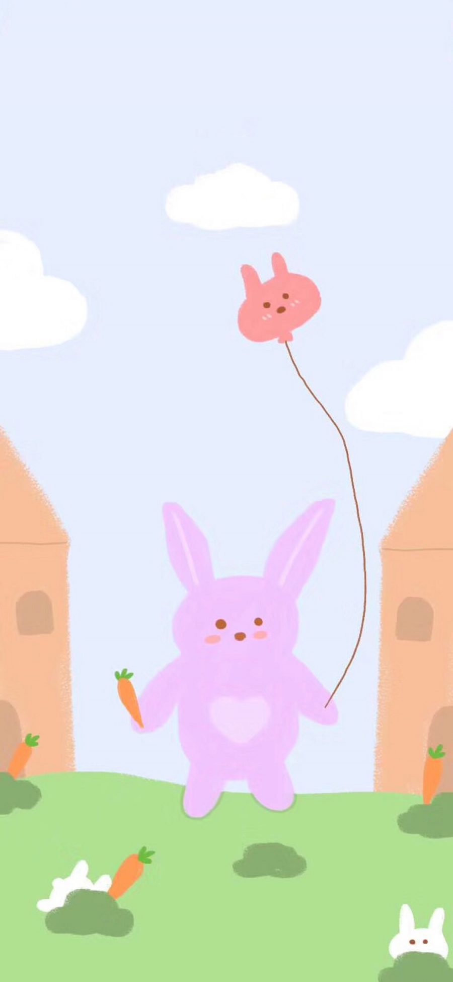 [2436×1125]卡通 小兔子 气球 胡萝卜 苹果手机动漫壁纸图片