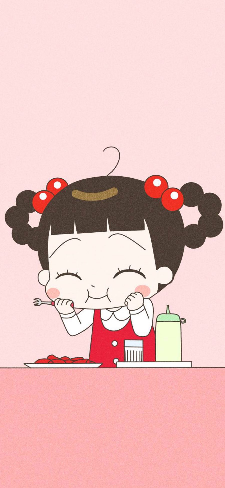 [2436×1125]卡通 小女孩 吃饭 可爱 苹果手机动漫壁纸图片