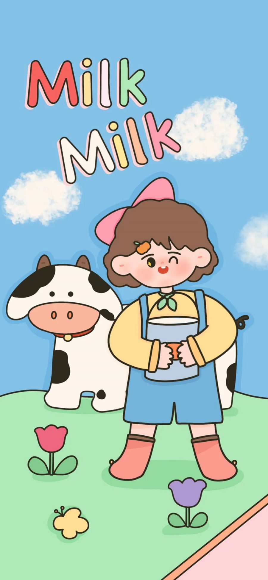 [2436×1125]卡通 小女孩 奶牛 milk（取自微博：请你吃番茄呀） 苹果手机动漫壁纸图片