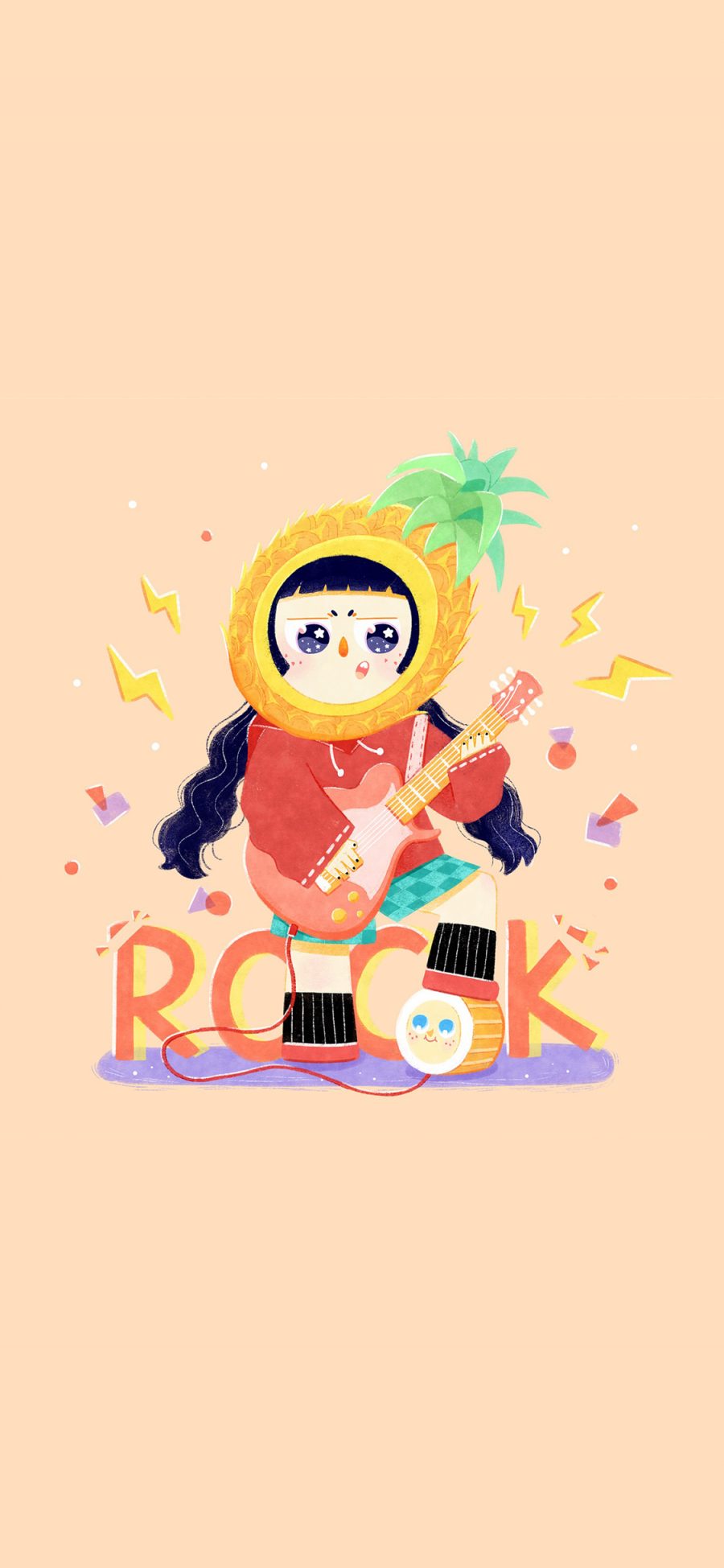 [2436×1125]卡通 小女孩 菠萝头 摇滚 rock 苹果手机动漫壁纸图片