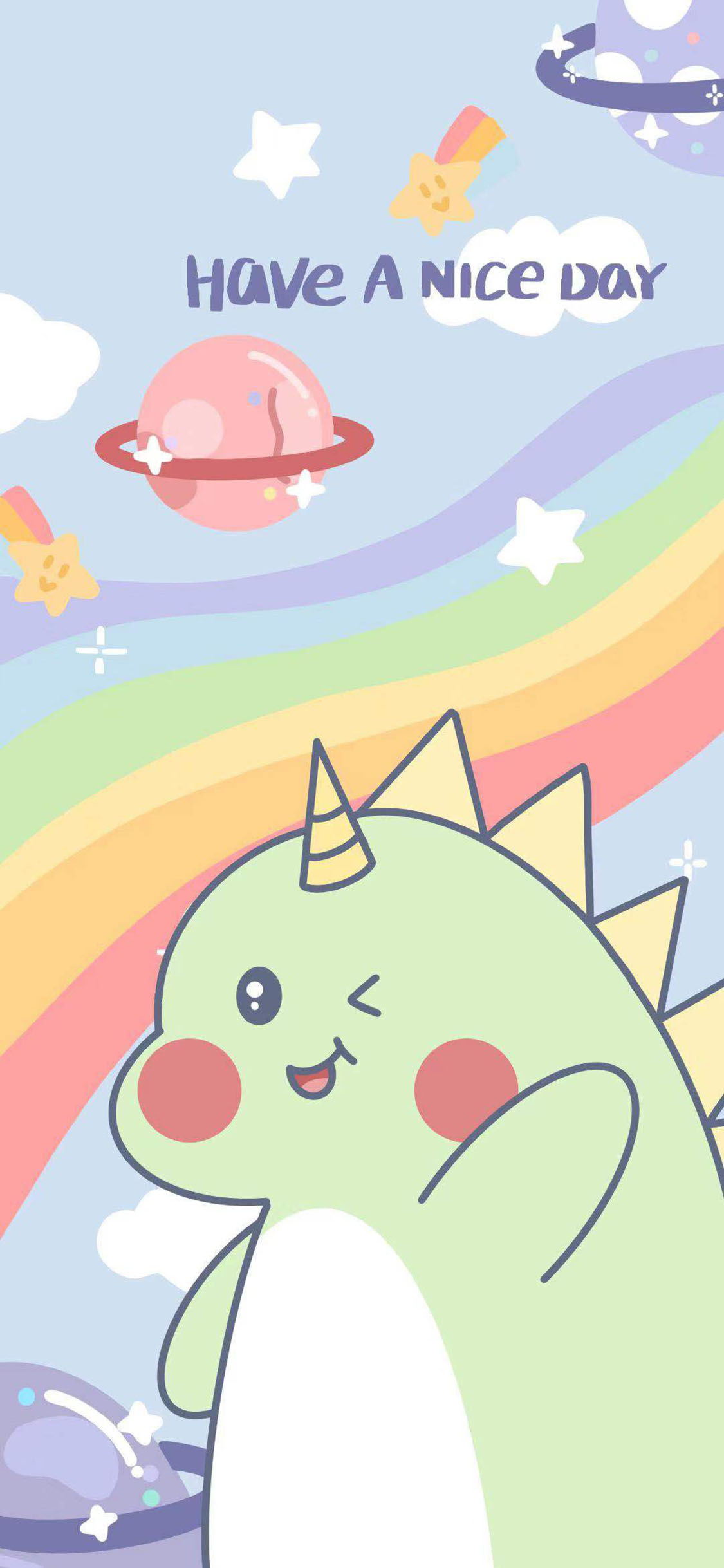 [2436×1125]卡通 小恐龙 彩虹 have a nice day 苹果手机动漫壁纸图片