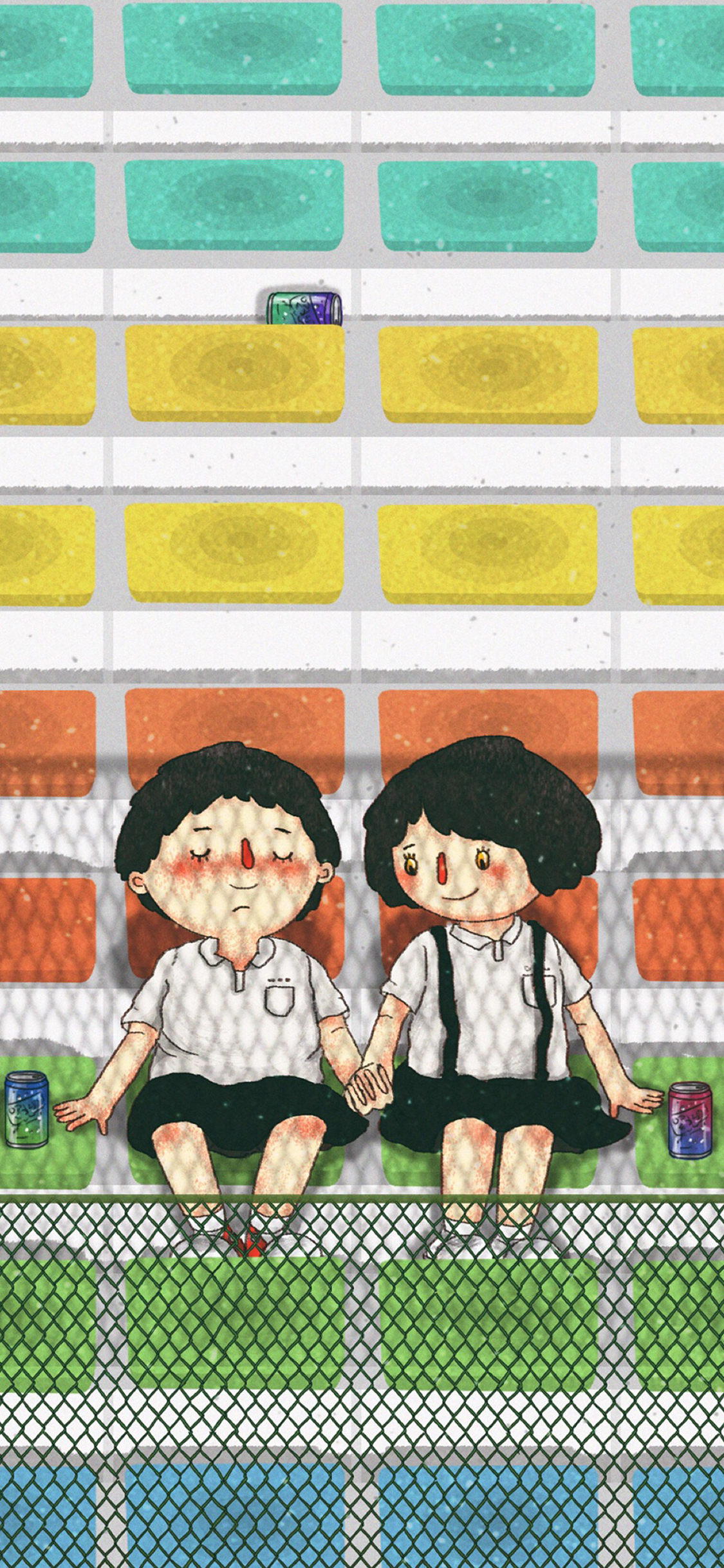 [2436×1125]卡通 小情侣 牵手 爱情 苹果手机动漫壁纸图片