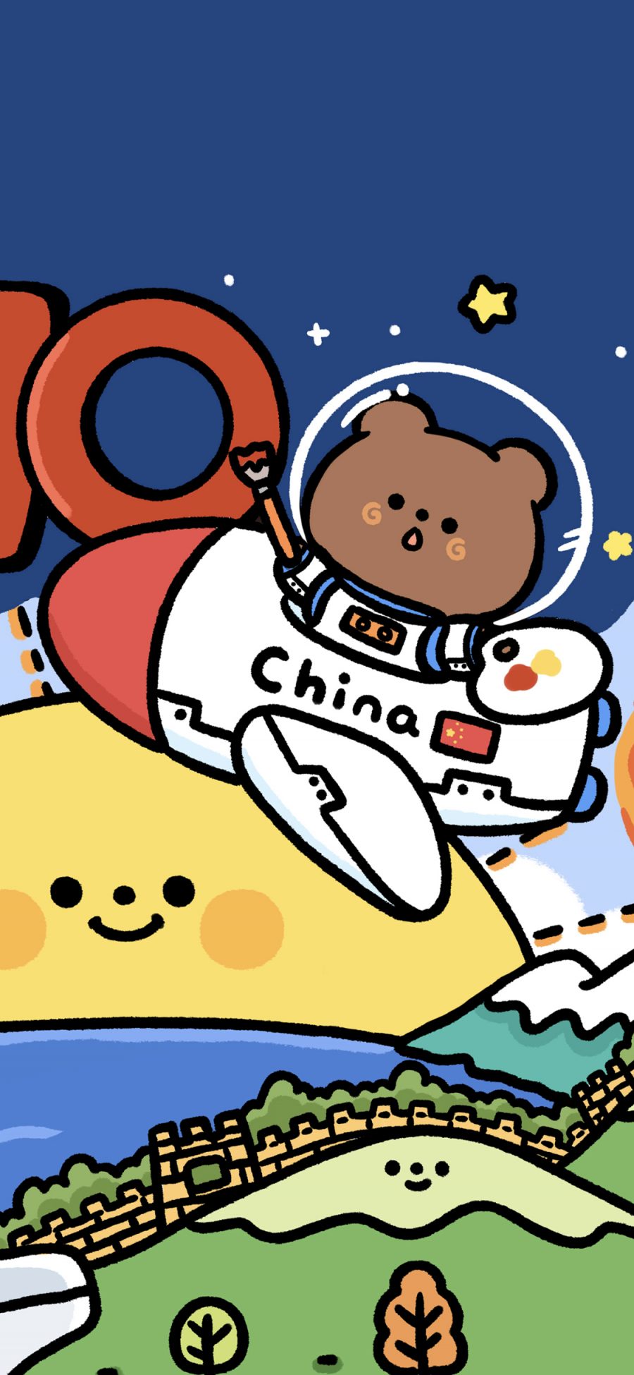[2436×1125]卡通 小熊 国家 飞机 China（取自微博：小熊奶黄包） 苹果手机动漫壁纸图片