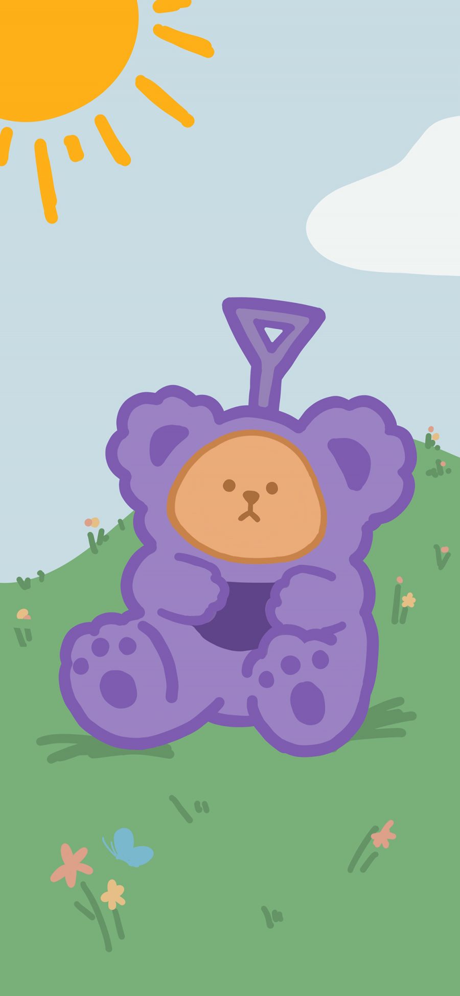 [2436×1125]卡通 小熊 天线宝宝 紫色 苹果手机动漫壁纸图片