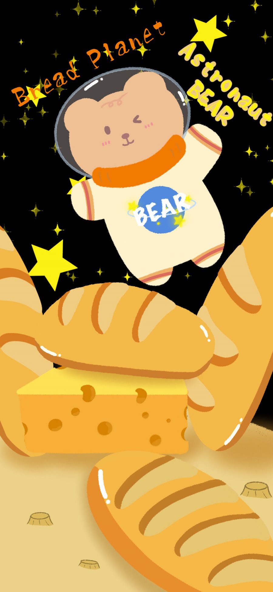 [2436×1125]卡通 小熊 太空 面包 奶酪 苹果手机动漫壁纸图片