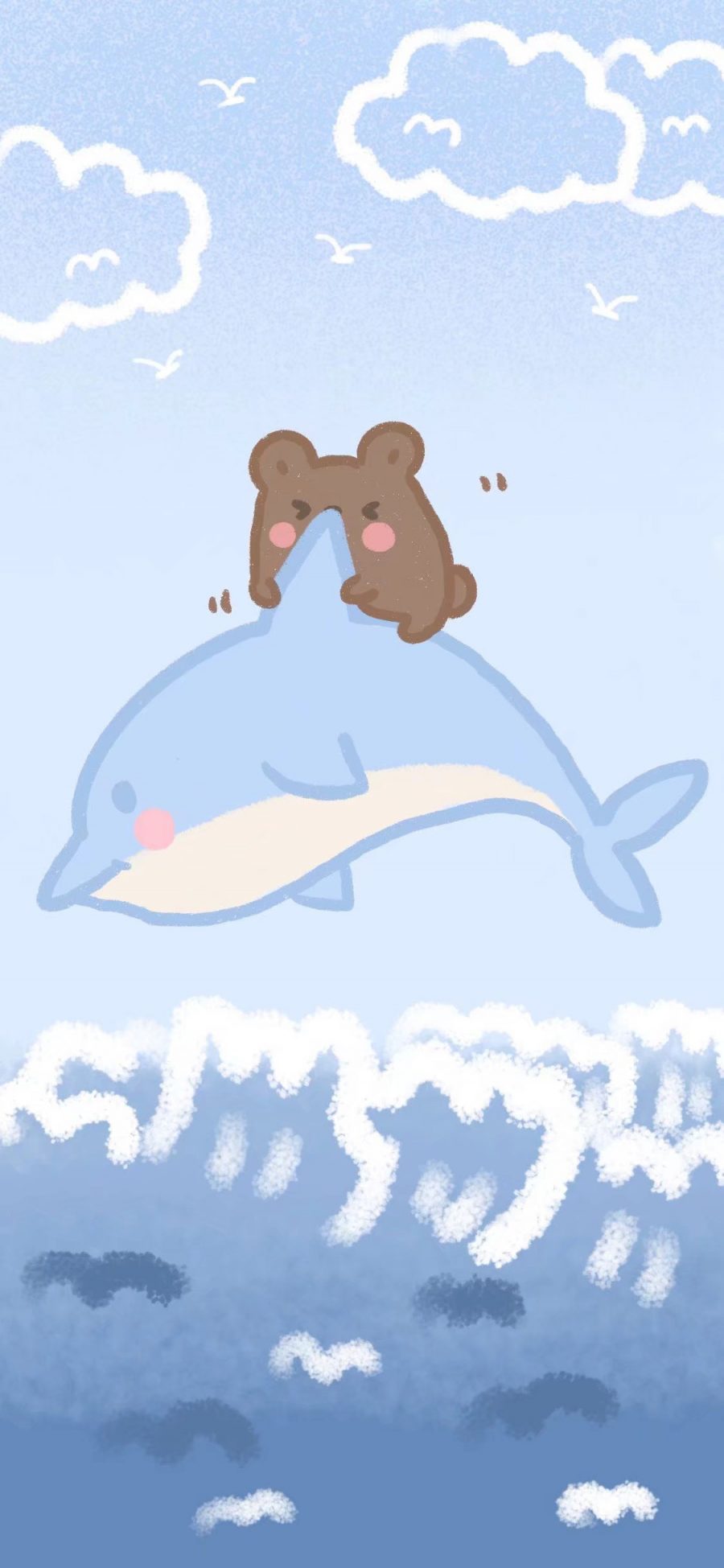 [2436×1125]卡通 小熊 海豚 大海 蓝色 苹果手机动漫壁纸图片