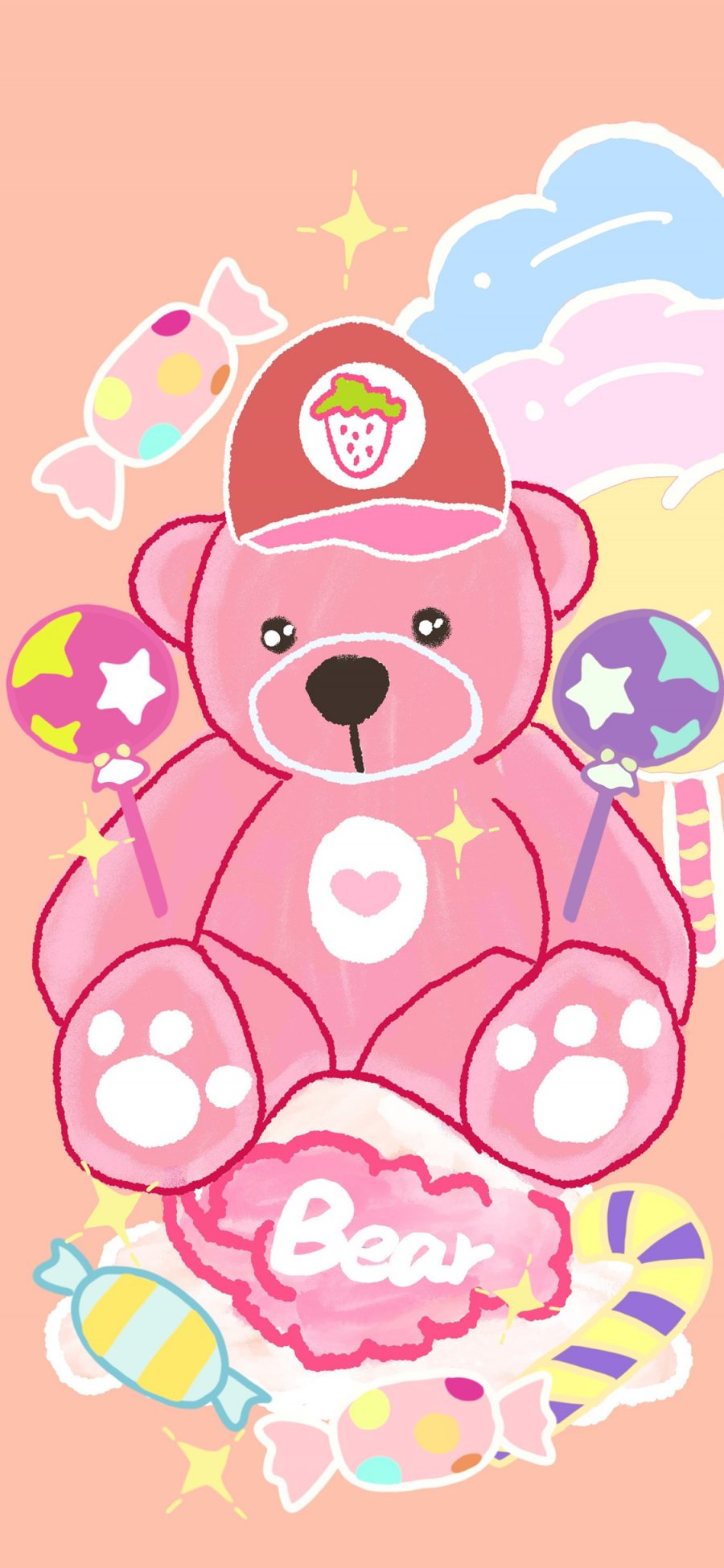 [2436×1125]卡通 小熊 粉色 棒棒糖 苹果手机动漫壁纸图片