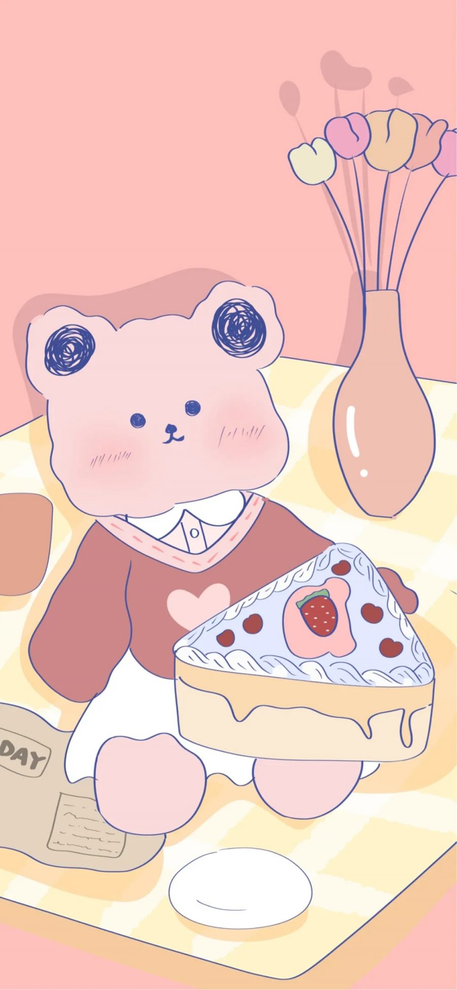 [2436×1125]卡通 小熊 蛋糕 粉色 少女心 苹果手机动漫壁纸图片