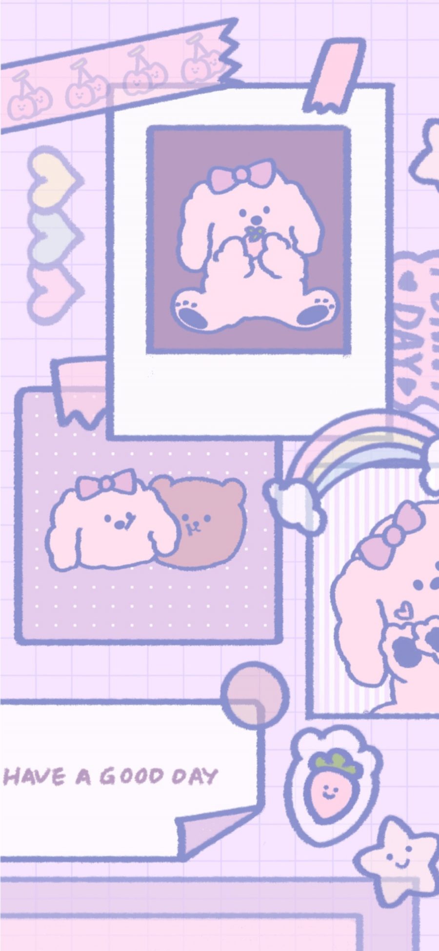 [2436×1125]卡通 小狗 小熊 粉色 苹果手机动漫壁纸图片