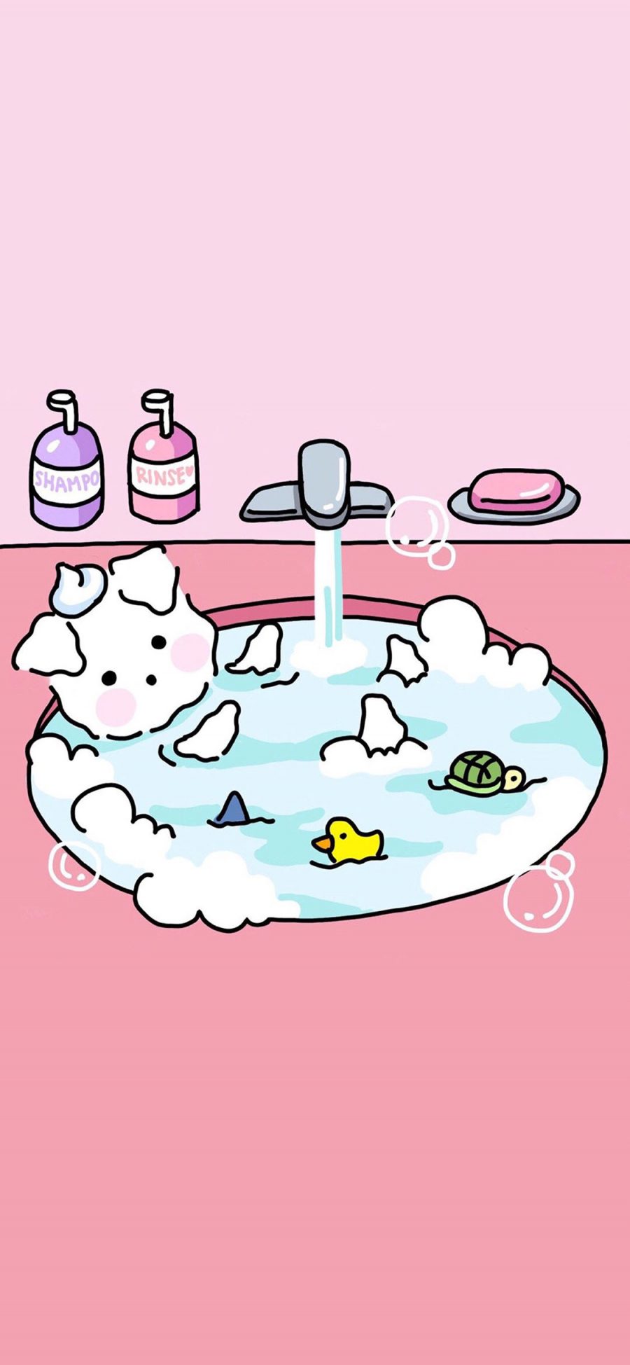 [2436×1125]卡通 小狗 泡澡 可爱 粉色 苹果手机动漫壁纸图片
