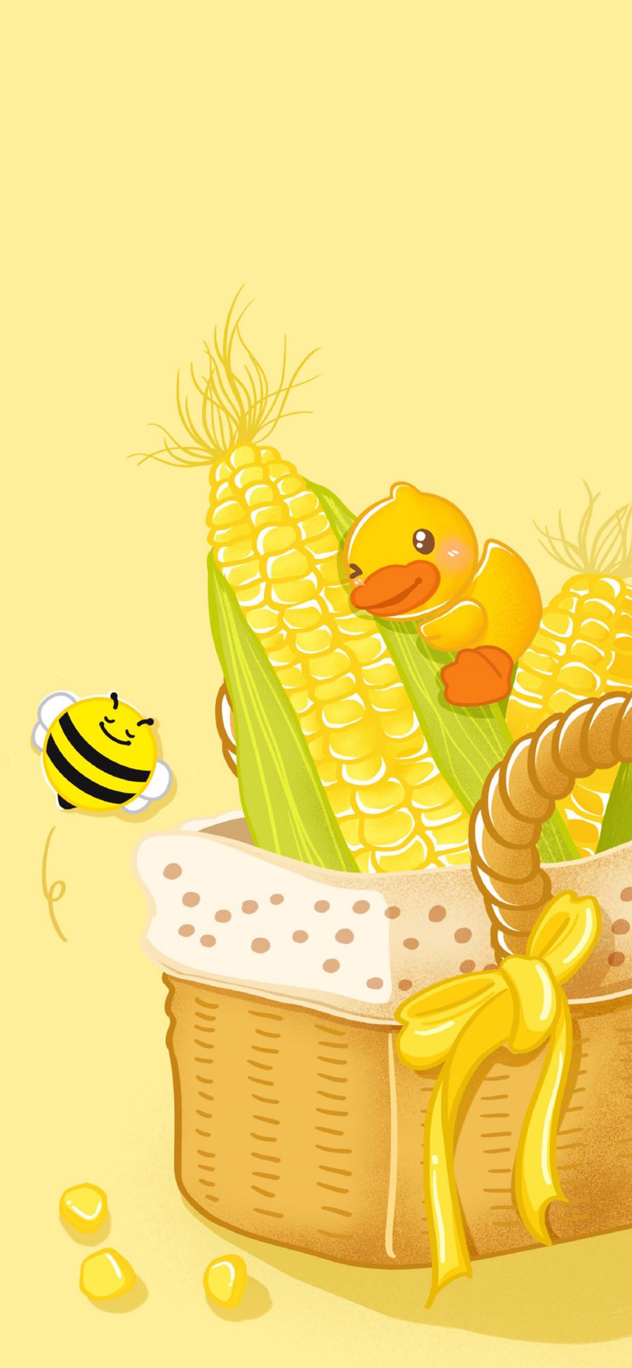 [2436×1125]卡通 小黄鸭 蜜蜂 玉米 苹果手机动漫壁纸图片